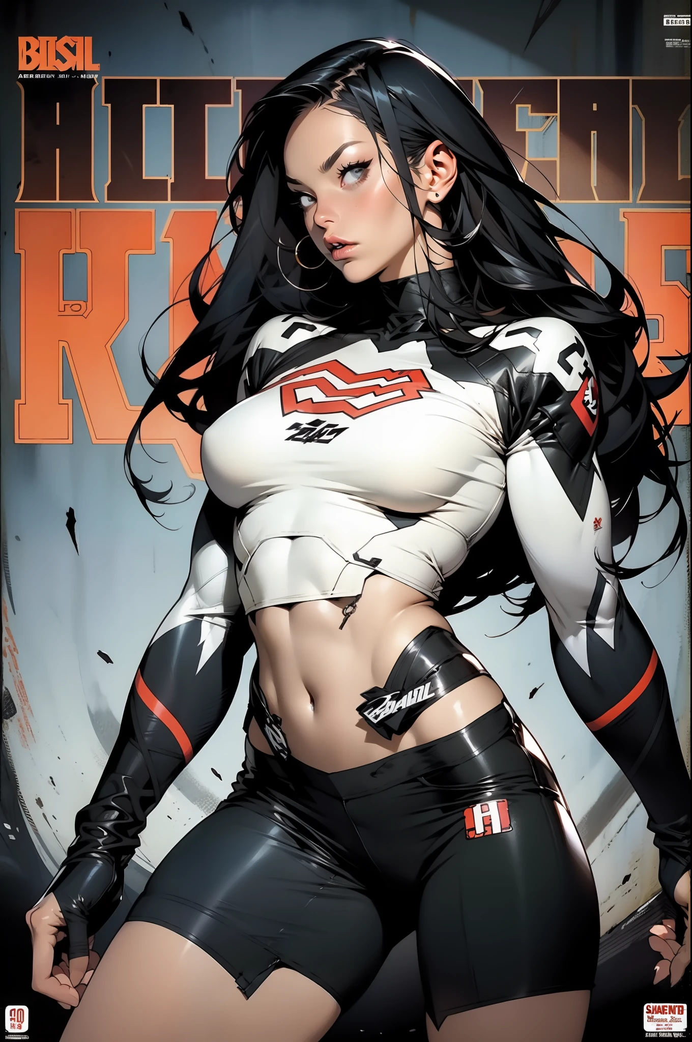A muscular 35-year-old warrior woman almost naked in the Simon Bisley style for the cover of Heavy Metal magazine, hair half black half white, Minimum clothing, Short clothes,