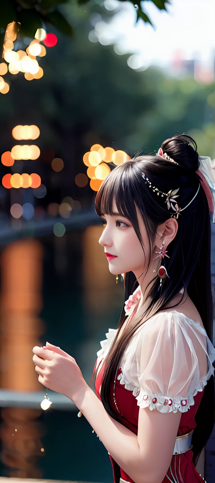 realisticity: 1.2), best quality, masterpiece, highres, super detail, ultra detail, cg, 1girl, weapon, sword, long hair, dress, water, solo, jewelry, red dress, earrings, hair ornament, splashing, upper body super realistis, hair bun, blue and pink hair, city backgraun super realistis and super detai, ultra detail, lighting,candid, Photograph, high resolution, 8k, 10k, Bokeh,