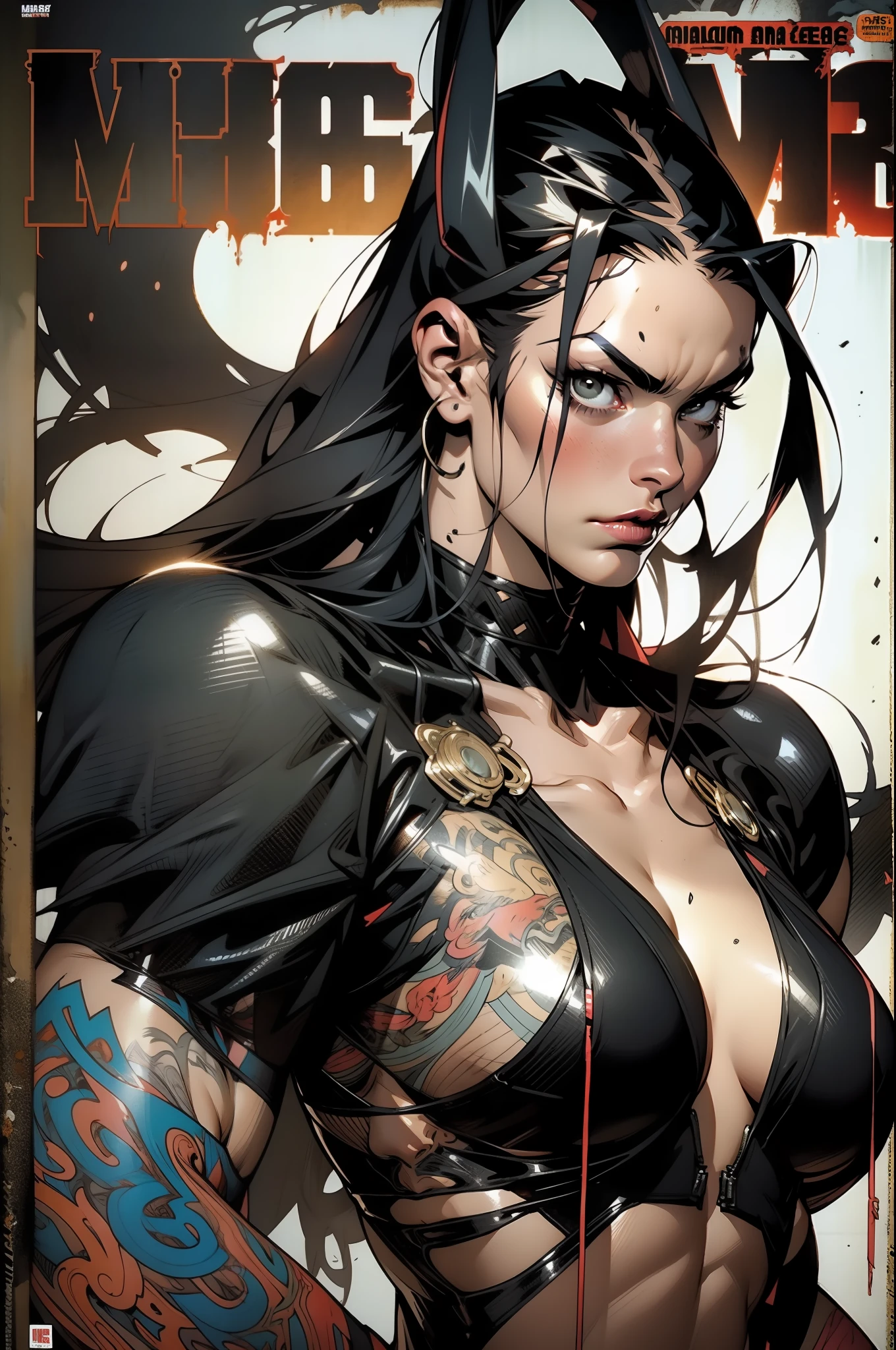 A muscular 35-year-old warrior woman almost naked in the Simon Bisley style for the cover of Heavy Metal magazine, hair half black half white, Minimum clothing, Short clothes,