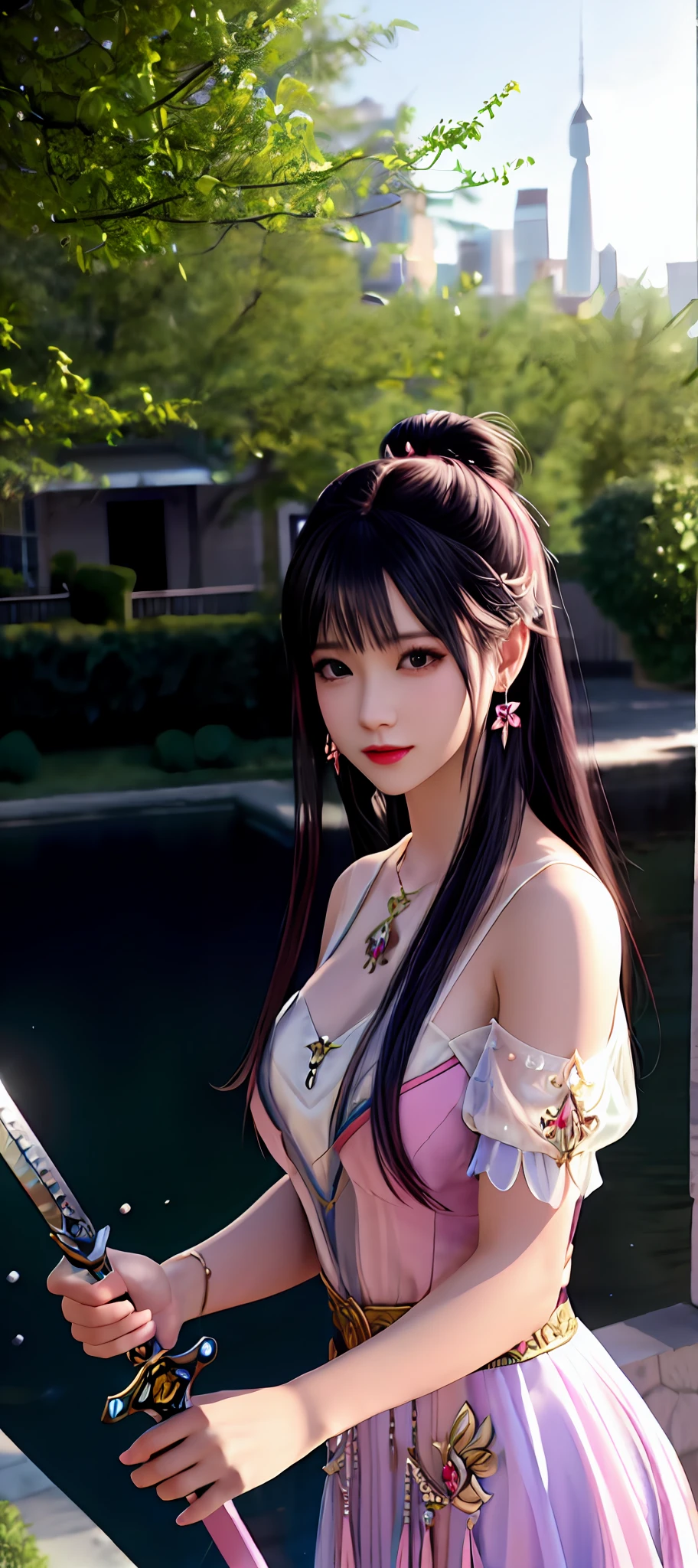 realisticity: 1.2), best quality, masterpiece, highres, super detail, ultra detail, cg, 1girl, weapon, sword, long hair, dress, water, solo, jewelry, red dress, earrings, hair ornament, splashing, upper body super realistis, hair bun, blue and pink hair, city backgraun super realistis and super detai, ultra detail, lighting,candid, Photograph, high resolution, 8k, 10k, Bokeh,