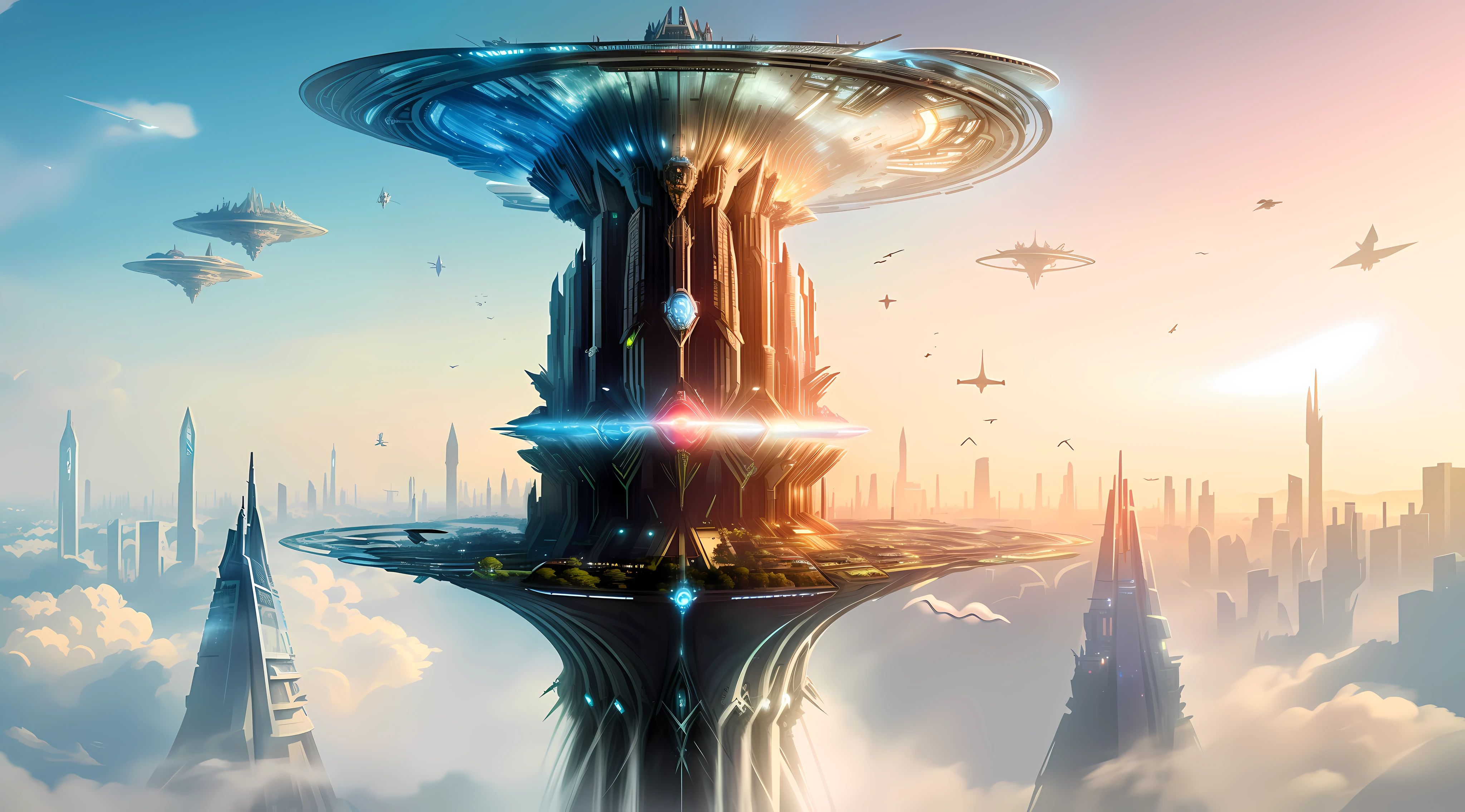 Futuristic city with flying spaceships in the sky with birds and sky, epic fantasy sci fi illustration, futuristic utopian fantasy, Floating city in the sky, in fantasy sci - fi city, Sci-fi fantasy wallpaper, Science-fi digital art illustration, epic scifi fantasy art, empyrean city, science fiction digital art, Sci-fi fantasy desktop wallpaper