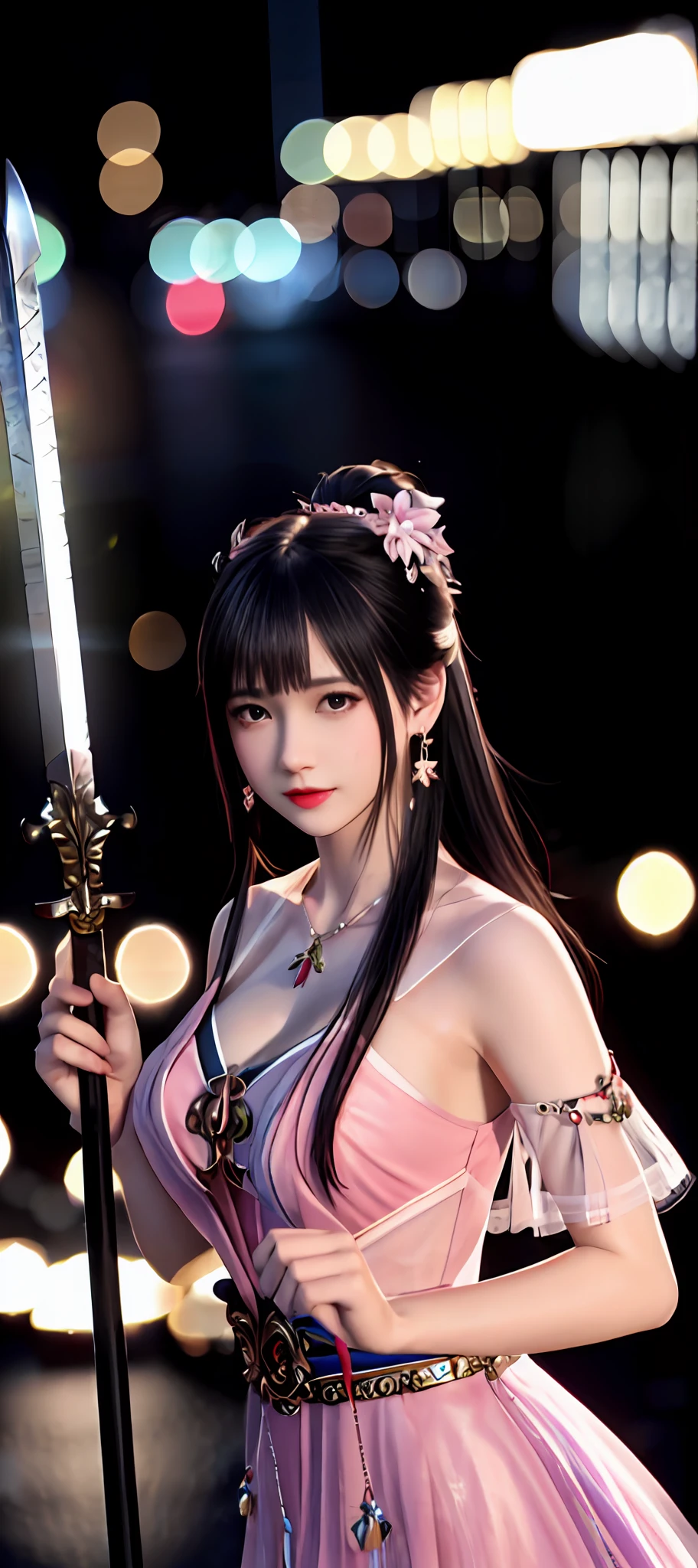 realisticity: 1.2), best quality, masterpiece, highres, super detail, ultra detail, cg, 1girl, weapon, sword, long hair, dress, water, solo, jewelry, red dress, earrings, hair ornament, splashing, upper body super realistis, hair bun, blue and pink hair, city backgraun super realistis and super detai, ultra detail, lighting,candid, Photograph, high resolution, 8k, 10k, Bokeh,