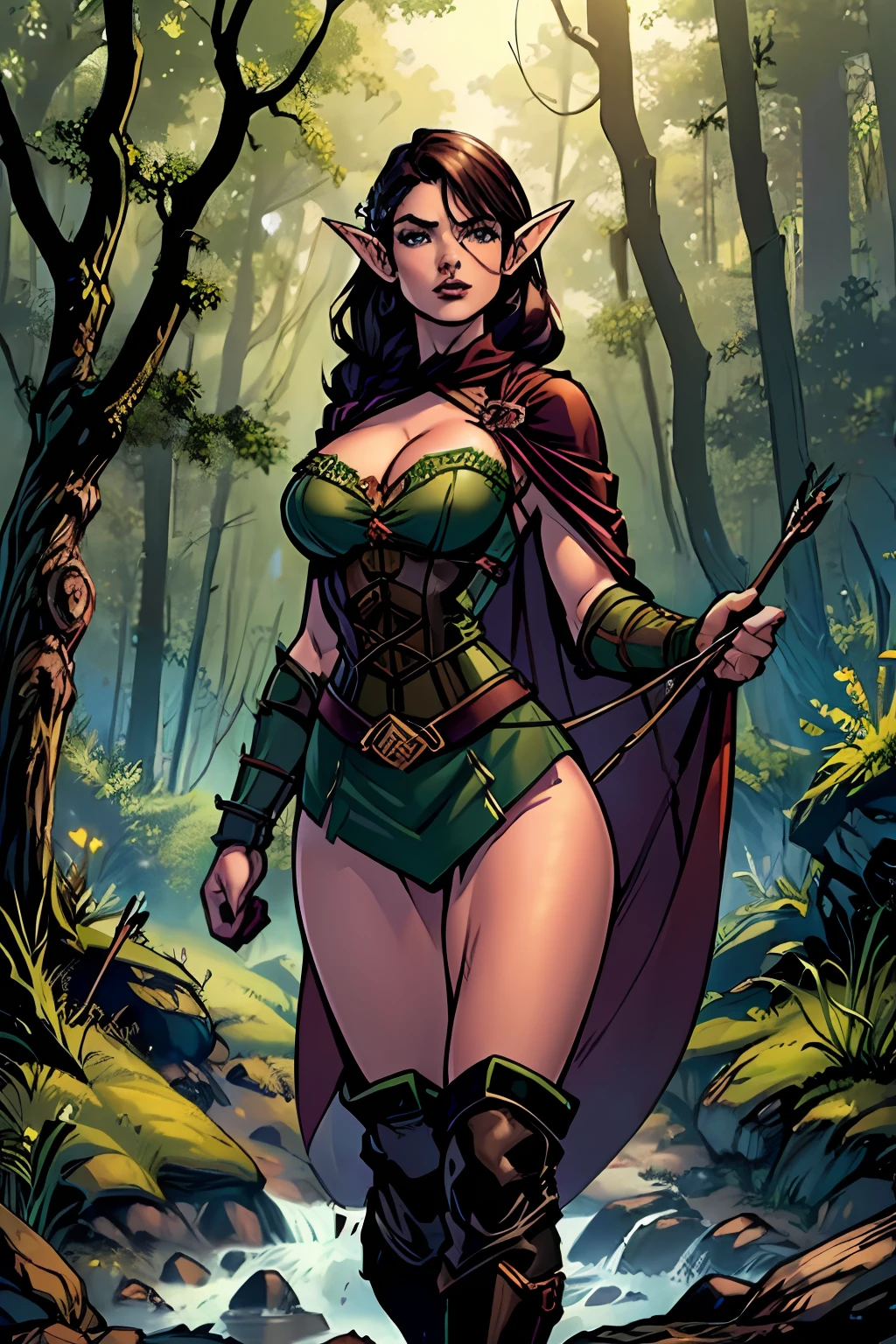 (masterpiece, top quality, best quality, official art, beautiful and aesthetic:1.2), (1girl:1.3), dark brown hair in a single braid, extremely detailed, portrait, looking at viewer, solo, (full body:0.6), detailed background, close up, cat eyes, (warm summer forest theme:1.1), busty (elf) ranger, elegant face, long face, charlatan, smirk, mysterious, walking in forest, revealing ranger attire, brown leather, cowl, cloak, corset, long boots, buckles, straps, pouches, bow and arrow, green fabric, brown leather, ((gigantic breasts, skindentation, cleavage)), slim waist, slim hips, long legs, medieval (forest exterior:1.1) background, dark mysterious lighting, shadows, magical atmosphere, dutch angle