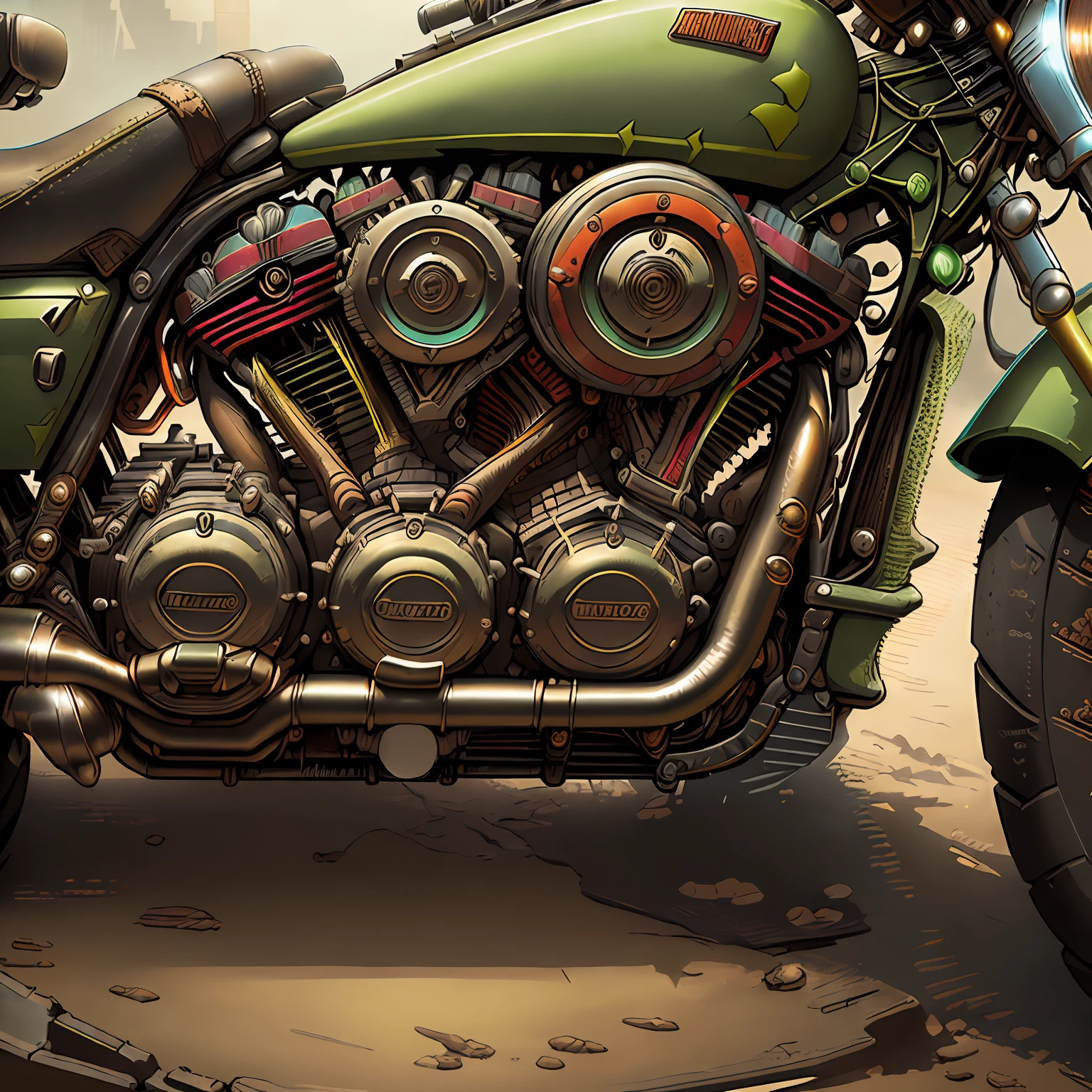(Harley-Davidson CVO Limited,(total view) ,Mad Max CogPunkAI ,Cores 64 k, (neon lime green),4D ,rota 63