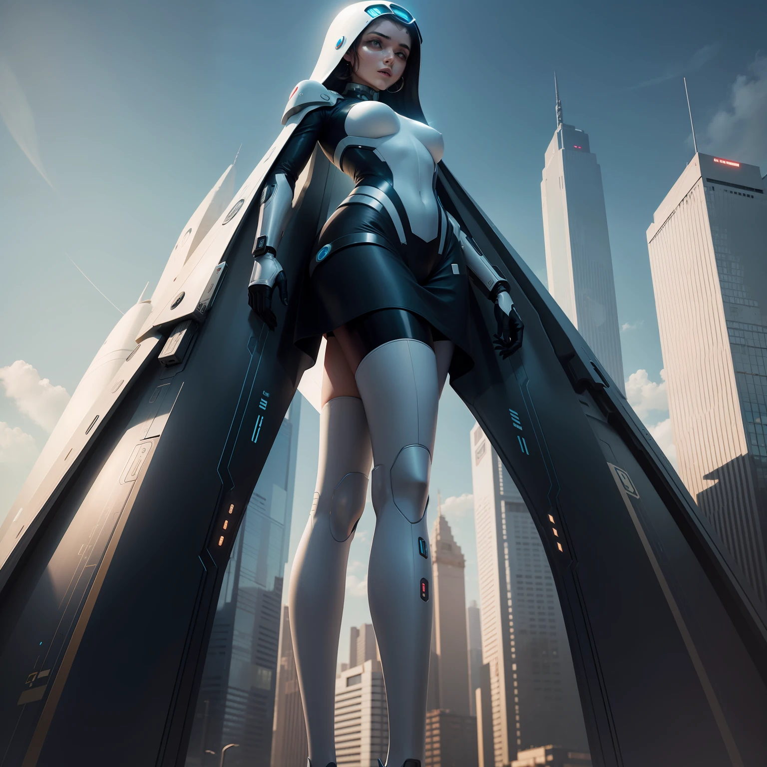 Uma cidade futurista com uma android feminina humana