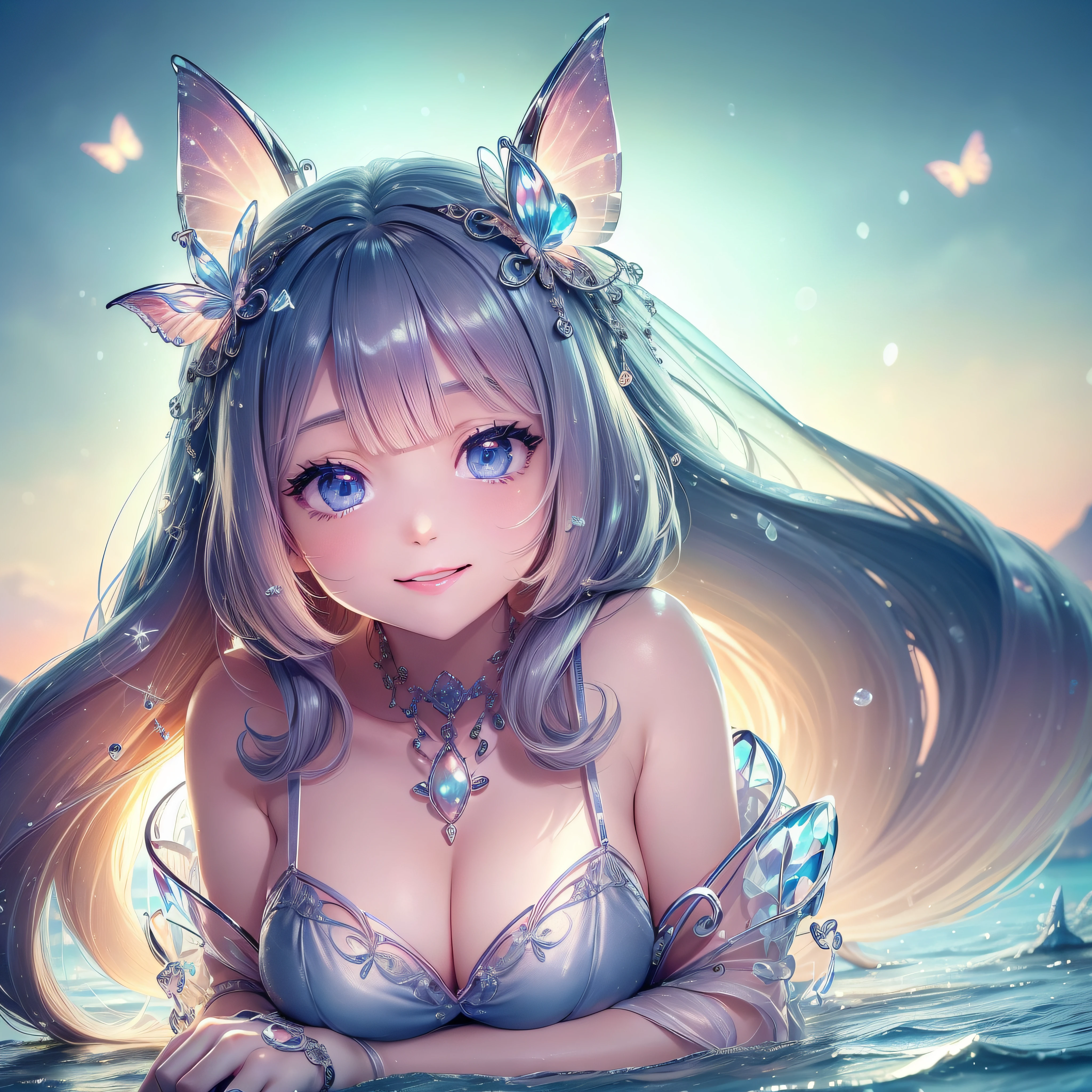 Close up of a smile with the corners of the mouth raised、Close up of a smile with the corners of the mouth raised、Close up of a smile with the corners of the mouth raised、close up of face、close up of face、close up of face、round and clear eyes、Shining eyes、Shining eyes、Beautiful 30 year old woman、(Brown shiny hair, With front fringe and braided hair), (round and large eyes, Double eyelids, and smiling), (round sparkly eyes, Deep Blue Eyes), (Cheeks with dimples, pink cheek), (Cute and slightly open lips、glossy red lips)、dreamlikeart、Highly detailed airbrush art(((Surreal))、intricate detailes、Volumetric lighting、(​masterpiece:1.2)、(top-quality)、（The ultra-detailliert)、(The composition of the movement:1.4)、Highly detailed colorful details、(Irridescent color:1.2)、(Bright lighting)、dream-like、Magical、dynamic compositions、Ray traching、The mirror reflects light、Shallow depth of field、ultra-detailliert、mixing  exposure、nffsw、Super masterpiece、vivd colour、colourfull、One woman's face、(Cute cat in clothes)、Anthropomorphic representation、Rich colors、exquisitedetails、（masutepiece,Best Quality:1.5), (butterflys,Exquisite butterflies,Ultra CG), (High resolution:1.5)、The beach is covered with colorful and transparent smooth stones:1.5、Orange in the sky、pink there、Absolutely enchanting sunset on the beach mixed with yellow。The water is crystal clear、White sand beach stretches out as far as the eye can see。It's a dynamic and breathtaking scene。Enjoy the calm atmosphere、