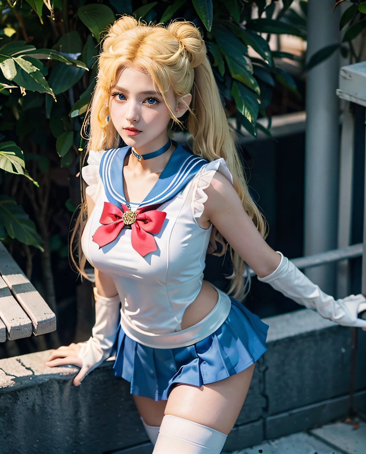 1girl, (Blue Eyes), happy face, (Extreme long Shot ELS :1.3), ((Sana Minatozaki)), wide hips, Big Boobs, big ass, (Best Quality, 8k, Masterpiece: 1.3)) ), Clear Focus: 1.2 , Perfect Body Beauty: 1.4 , Slender Abs: 1.2, Wet Body: 1.5 , Highly detailed face and skin texture, detailed eyes, double eyelids, (long twintails blonde hair), Usagi Tsukino \(sailor moon\) :1.4, Sailor moon, cleavage,blue skirt, red bow, hair bun, hair ornament, blue sailor collar, red choker, red boots, high heels, sailor senshi uniform, white gloves, tiara, elbow gloves, pleated skirt, knee boots blue, standing, tokyo