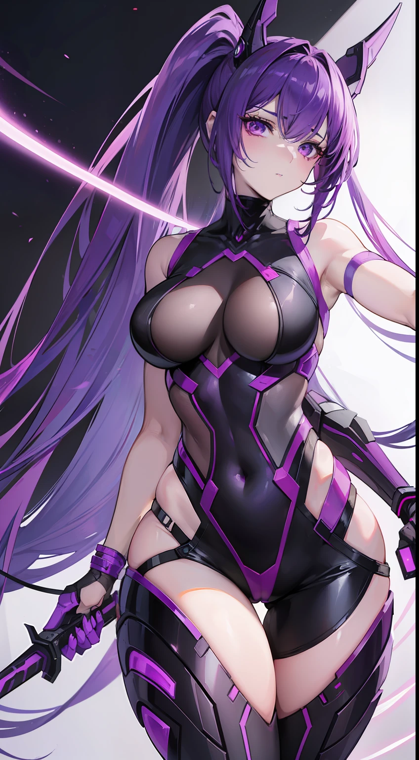 Big anime character with a sharp whip and purple skin and purple hair, thick smooth warframe thighs, Guyver Style, fuchsia skin below the armor, Beautiful Lady in Warframe, SFW version, gynoid body, Commission for high resolution, Widowmaker, Widowed ex-lover, fuchsia skin below the armor