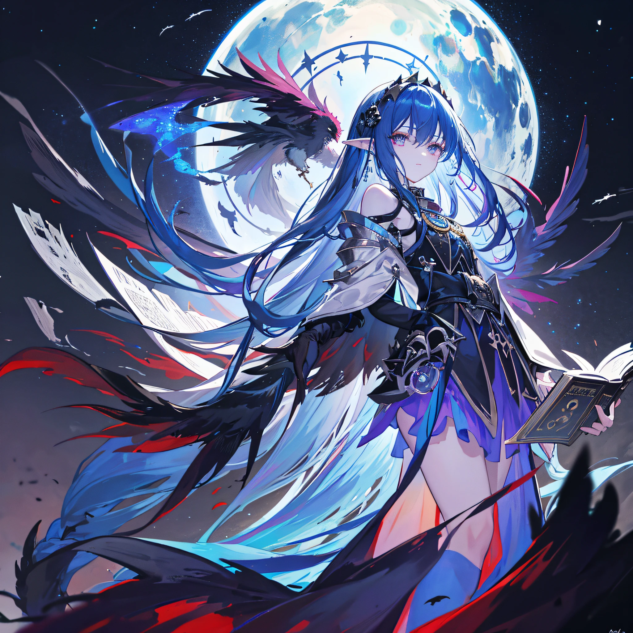 death, blood, night, darkness, (fantasy), infinity, deep blue sky, abyss of knowledge, knowledge, ((masterpiece)),(((extreme))),((beautiful detailed eyes)),(eyelashes) , monster, (1 female), blue hair, long hair, abyssal eyes, shiny skin, oil, small chest, (bird body, feathers), rags, Tzeentch, elf, extremely fine CG unity 8k wallpaper, masterpiece ,((ultra-detailed)),((illustration)), colorful, wallpaper, energy, unknown horror, arcane, magic surrounding, magic surrounding, magic wand, book pages, flying all over the sky, knowing what it is, predicting the future, understanding the past , Infinite Wisdom, Blue Flame, Warlock, Magic Circle, Pentagram, Mantra, Mantra, Singing Magic,