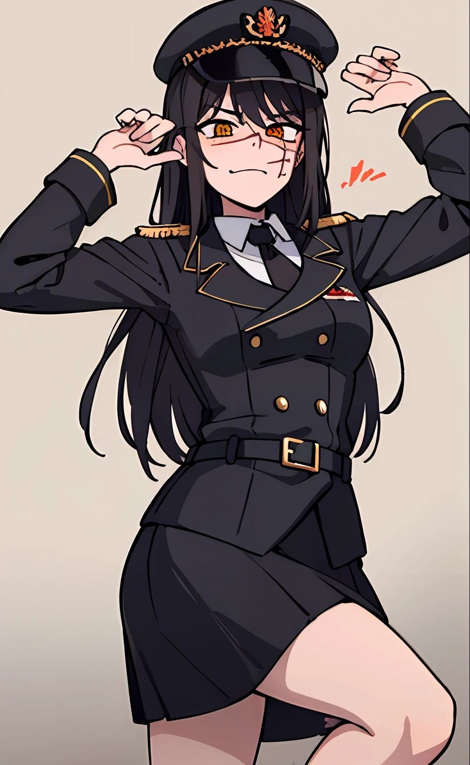 (masterpiece, best quality: 1.2), Solo, 1girl, Yoru \(Chainsaw Man\), looking at the viewer, different poses, red eye, long hair, completely black hair, reference to clothing of a German WWII general, black long sleeves (best quality), scar on face, beautiful eyes, has only 2 arms, has war medals on his clothes, Black Military Cap, Golden Eagle Medal on Clothing,  (Wallpaper), (8K HD), (8K HD), Golden Shoulder Pads, Sprites, 1 Single Design (masterpiece, best quality: 1.2), Solo, 1girl, Yoru \(Chainsaw Man\), looking at the viewer, smile, happy, different poses, red eye, long hair, completely black hair, reference to clothing of a German WWII general, black long sleeves (best quality), scar on face,  beautiful eyes, has only 2 arms, has war medals on his clothes, black military cap, golden eagle medal on clothing, (wallpaper), (8K HD), (8K HD), (8K HD), golden shoulder pads, sprites, 1 single design