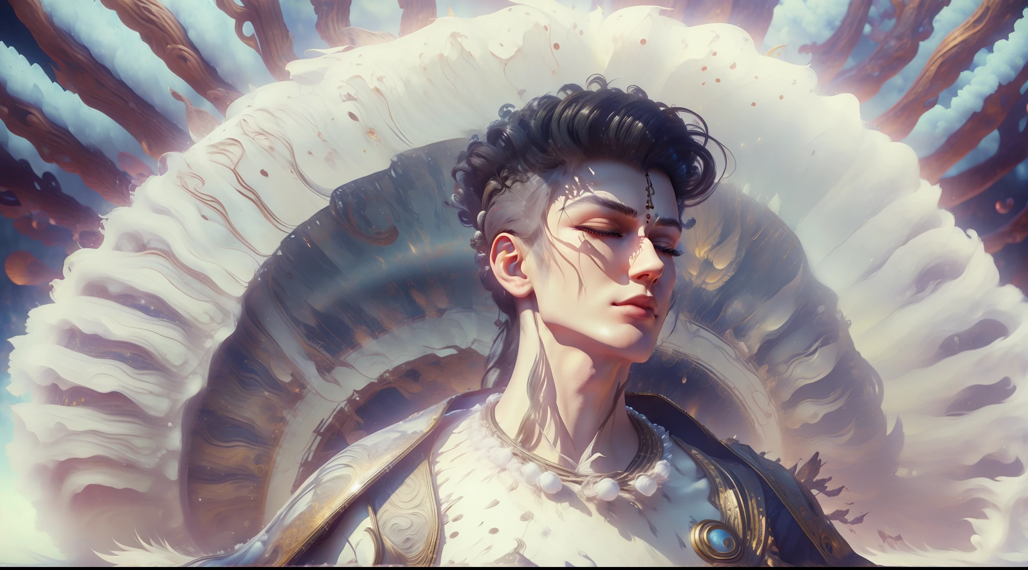 Handsome guy in a white shirt,Sit and meditate in a lotus pose,Look at the audience with your eyes closed,raised head,Floating on the ground,cheerfulness,A slight smil,realisticlying,Bokeh,light particules,very highly detailed background,detailed face with,Detailed and complex busy background,Untidy,opulent,milkyW,Highly detailed hands,Realistic details of skin,Visible Pore,tack sharp focus,volume fog,8K UHD,digital SLR camera,high qulity,filmgrain,White skin of the,photo-realism,lomo graphy,Huge metropolis in a dystopia of the future , look from down