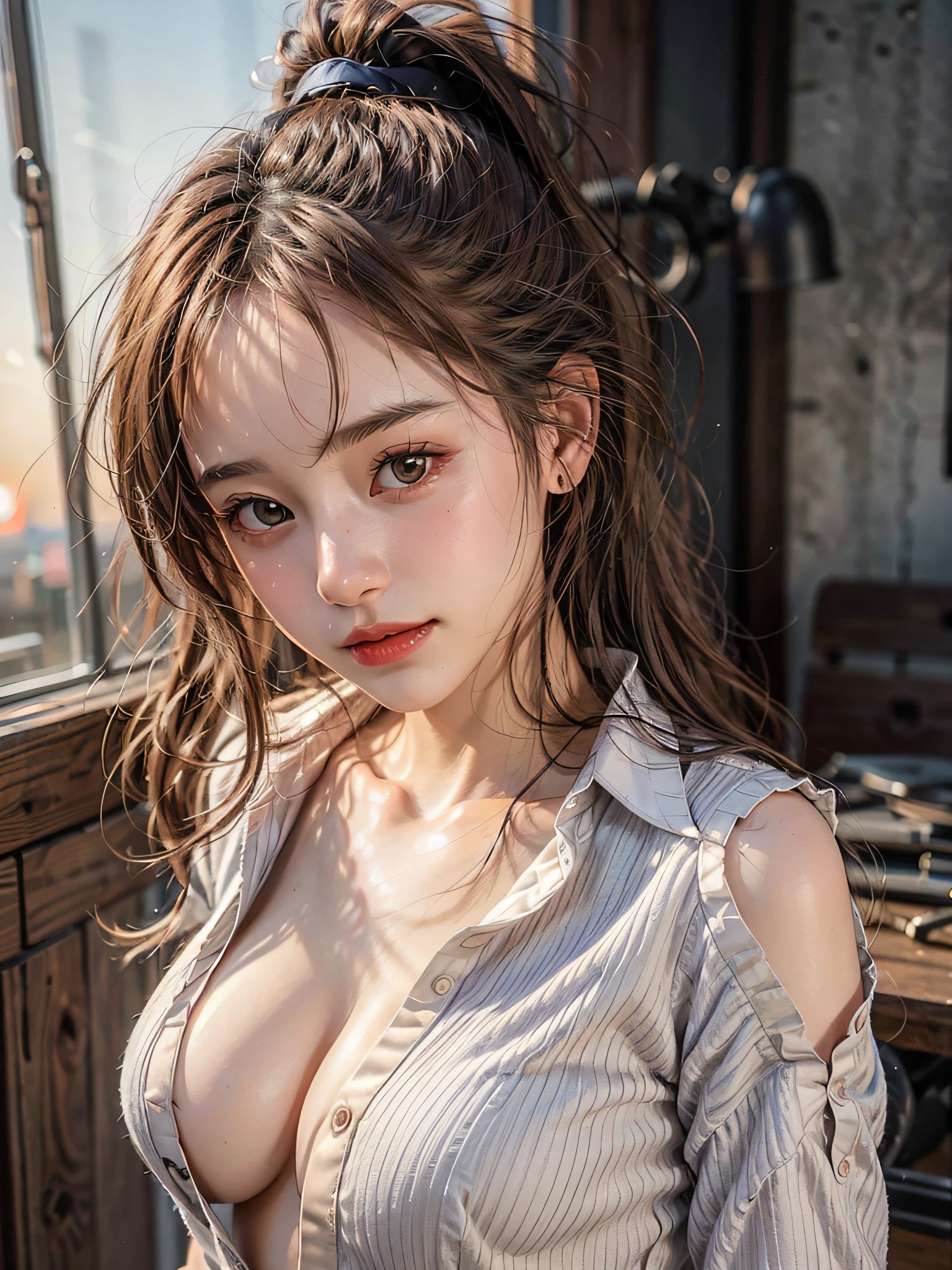 Highest Quality, Highest image quality, RAW Photos, Realistic, Photorealsitic, ultra detailed and beautiful, highest details, 1young girls, ponytail, Details of a very beautiful face, good-looking, Smile faintly, Staring at me, Beautiful fair skin and luster, Beautiful eyes are big and bright, Small mouth and thin lips, Good style and slenderness, (Beautiful big breasts:1.3), (Glossy lips:1.1), (front open breasts:1.3), (front open shirt:1.5), No Underwear, pubick hair, (cameltoe details), full body portrait, Super Detail, High quality, Surrounded by beautiful sunsets, (view from below:1.3)