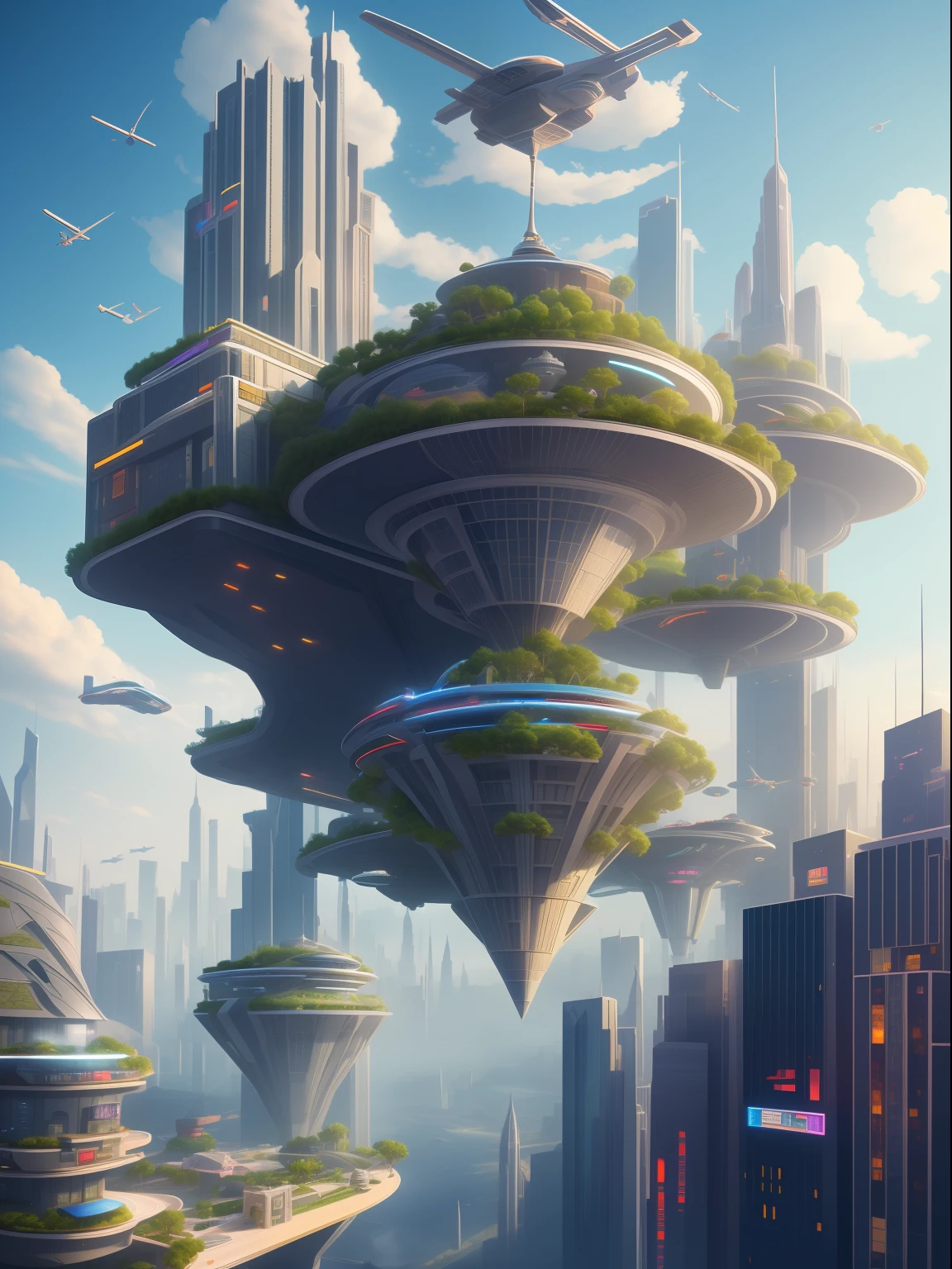 The city of the future suspended in the air，Many flying cars fly around，城市，fanciful，extremy detailed，realistic raytraicing，Epic composition，（Complicated details），（Complex design，Hyper-detailing：1.2），art  stations， （tmasterpiece，best qualtiy），hyper HD，32K --v 6