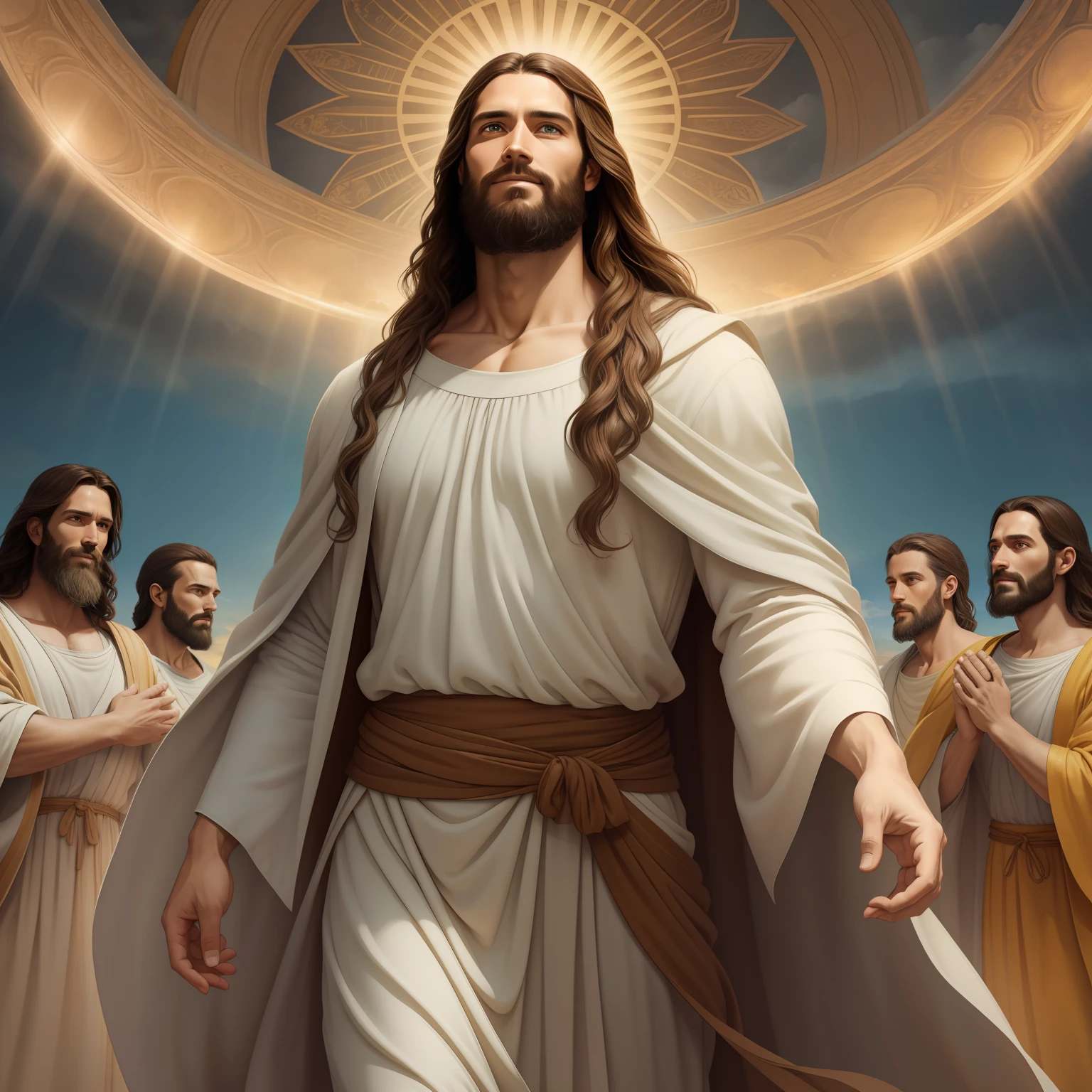 A handsome god Jesus christ ( jesus) blessing to the sky  35 years old with a long brown hair and long beard, heaven blessings light with a cross background)  happy face, realistic 8k,A beautiful ultra-thin realistic portrait of Jesus, the prophet, a man 35 years old Hebrew brunette, short brown hair, real perfect eyes, long brown beard, with, Helping People , wearing long linen tunic closed on the chest part, in front view, full body, biblical, realistic,by Diego Velázquez,Peter Paul Rubens,Rembrandt,Alex Ross,8k, Concept Art, PhotoRealistic, Realistic,  Illustration, Oil Painting, Surrealism, HyperRealistic, helping people , Digital art, style, watercolorReal Jesus flying on sky with a flying cloud in the background, Jesus walking on water, biblical illustration, epic biblical representation, forcing him to flee, coming out of the ocean, ! holding in hand!, disembarking, god of the ocean, beautiful representation, 8k 3D Model, realistic,
a 3D Realistic of jesus with a halo in the sky, jesus christ, smiling in heaven, portrait of jesus christ, jesus face, 35 young almighty god, portrait of a heavenly god, greg olsen, gigachad jesus, jesus of nazareth, jesus, the face of god, god looking at me, he is greeting you warmly, he is happy, avatar image