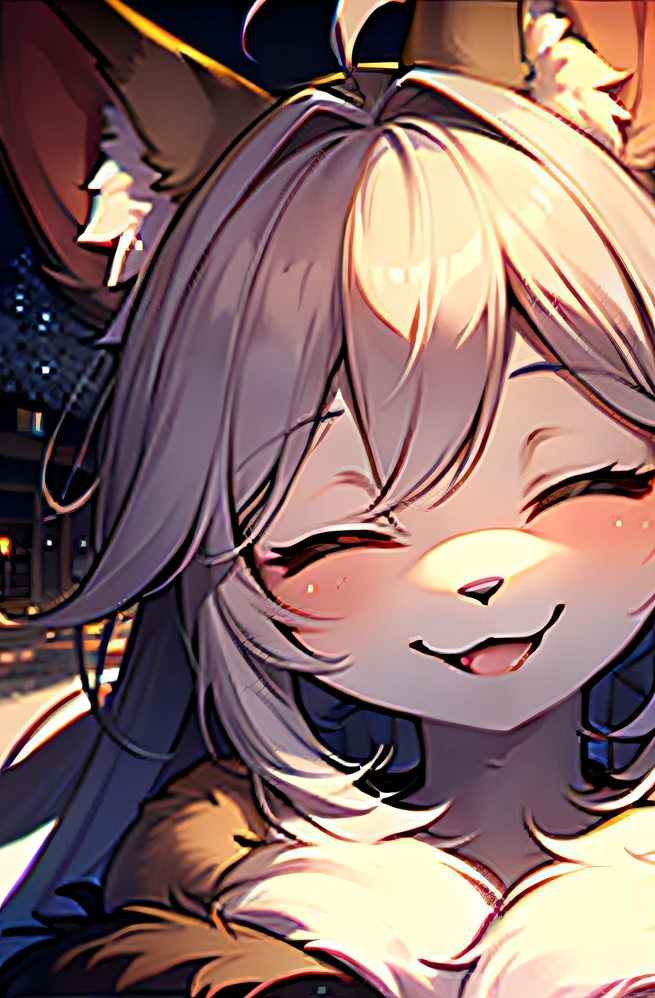 (furry:1.3), focus on face, happy, closed eyes, beautiful lights and shadows