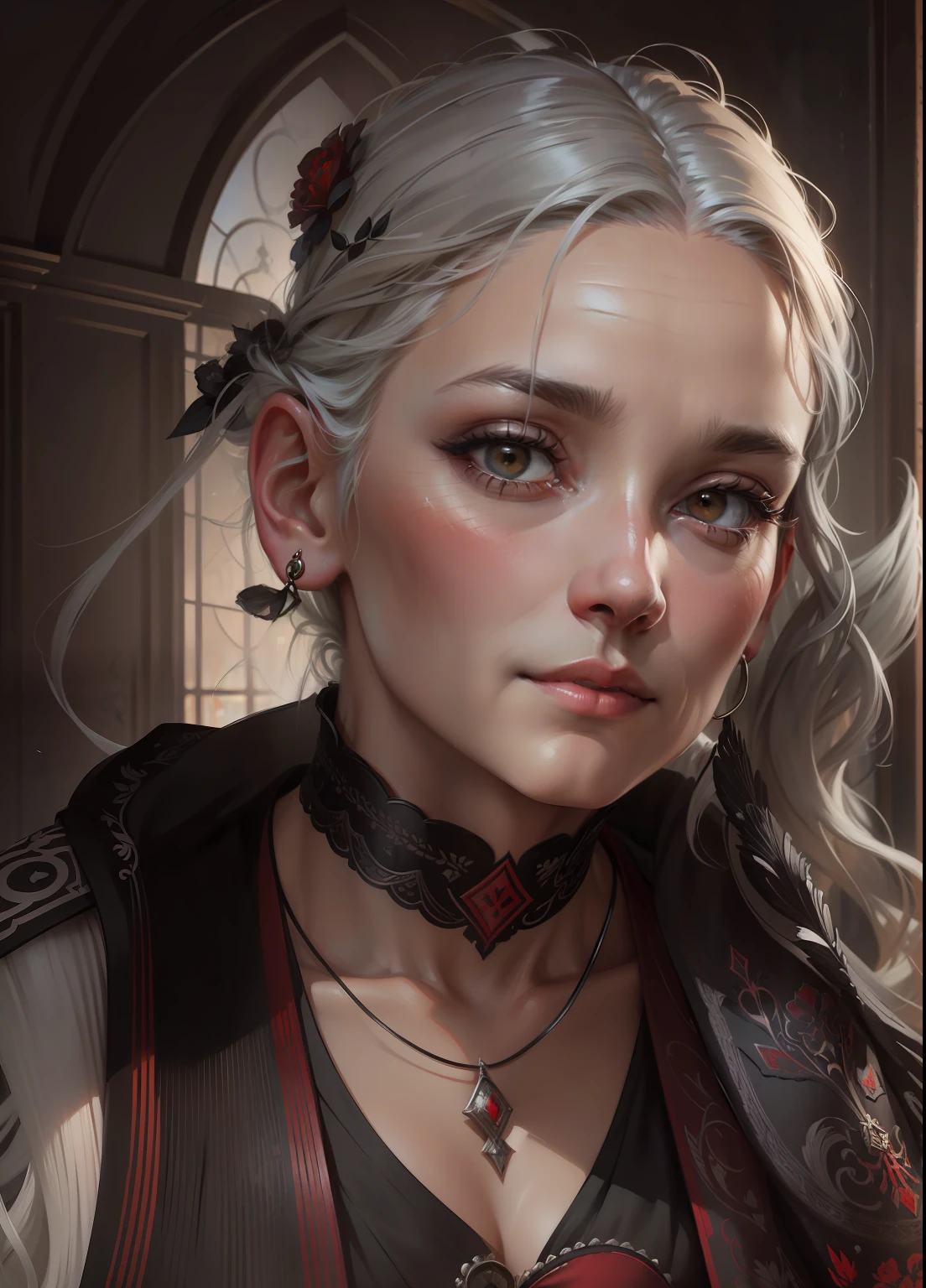 A lovely ultra fine realistic portrait , long gray hair, wearing black and red striped tunic,realistic, intricate detail, by abbott fuller graves,trend in artstation, 8k, Concept Art, Fantasy Art, PhotoRealistic, Realistic, Illustration, Oil Painting, Surrealism, HyperRealistic, brush strokes, Digital Art, analog style, watercolor