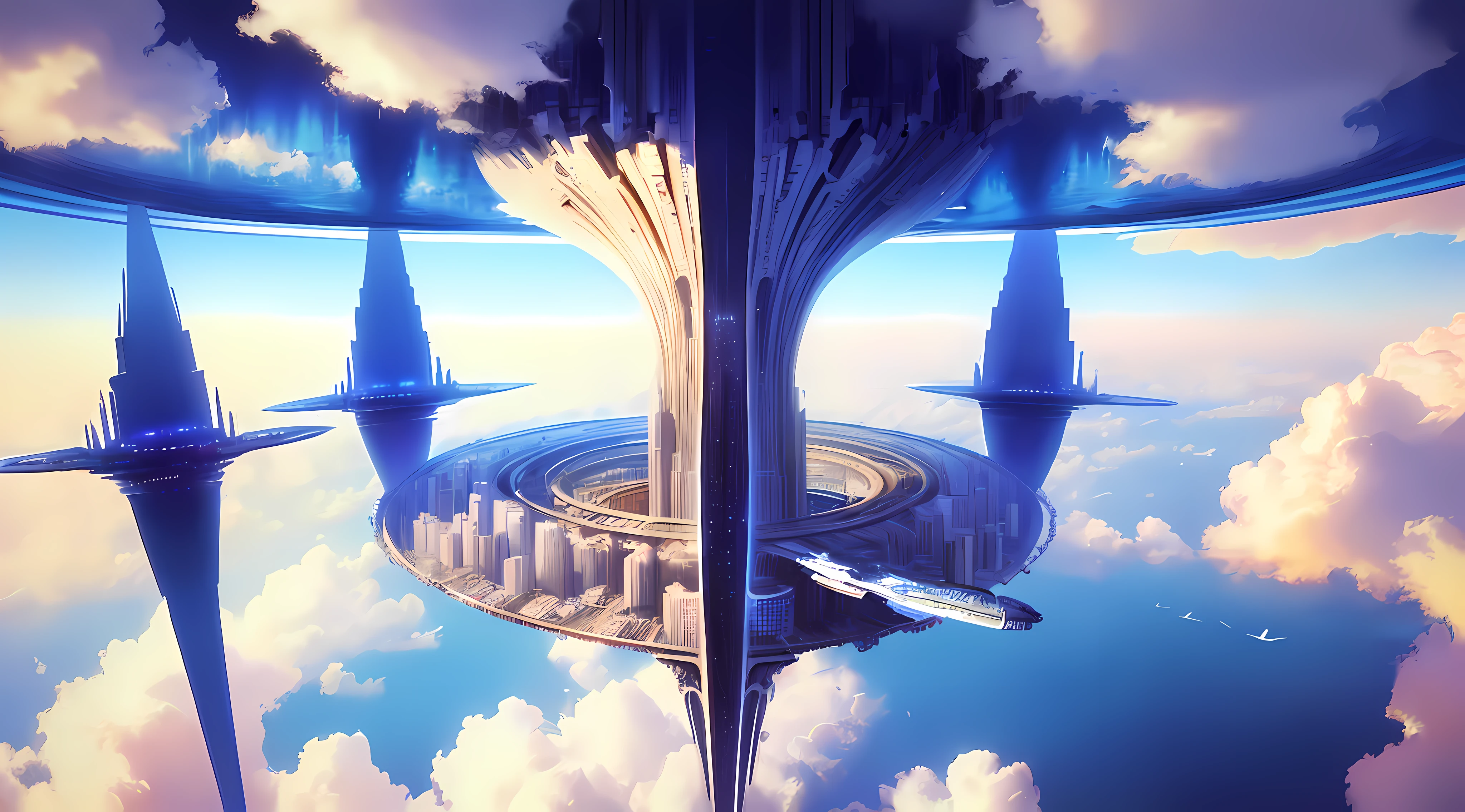 bird's eyes view，(sky cities），Lots of clouds，Sea of clouds，Giant towers and ring-shaped stacked buildings at the top of the city，There are many arches and bridges，and the sci-fi crystal cathedral with flying buttresses，waterfallr，Many ships，Matte painting by James Gurney，Trends on CGSociety，Supersaturation，Super sharp，Ultra-realistic