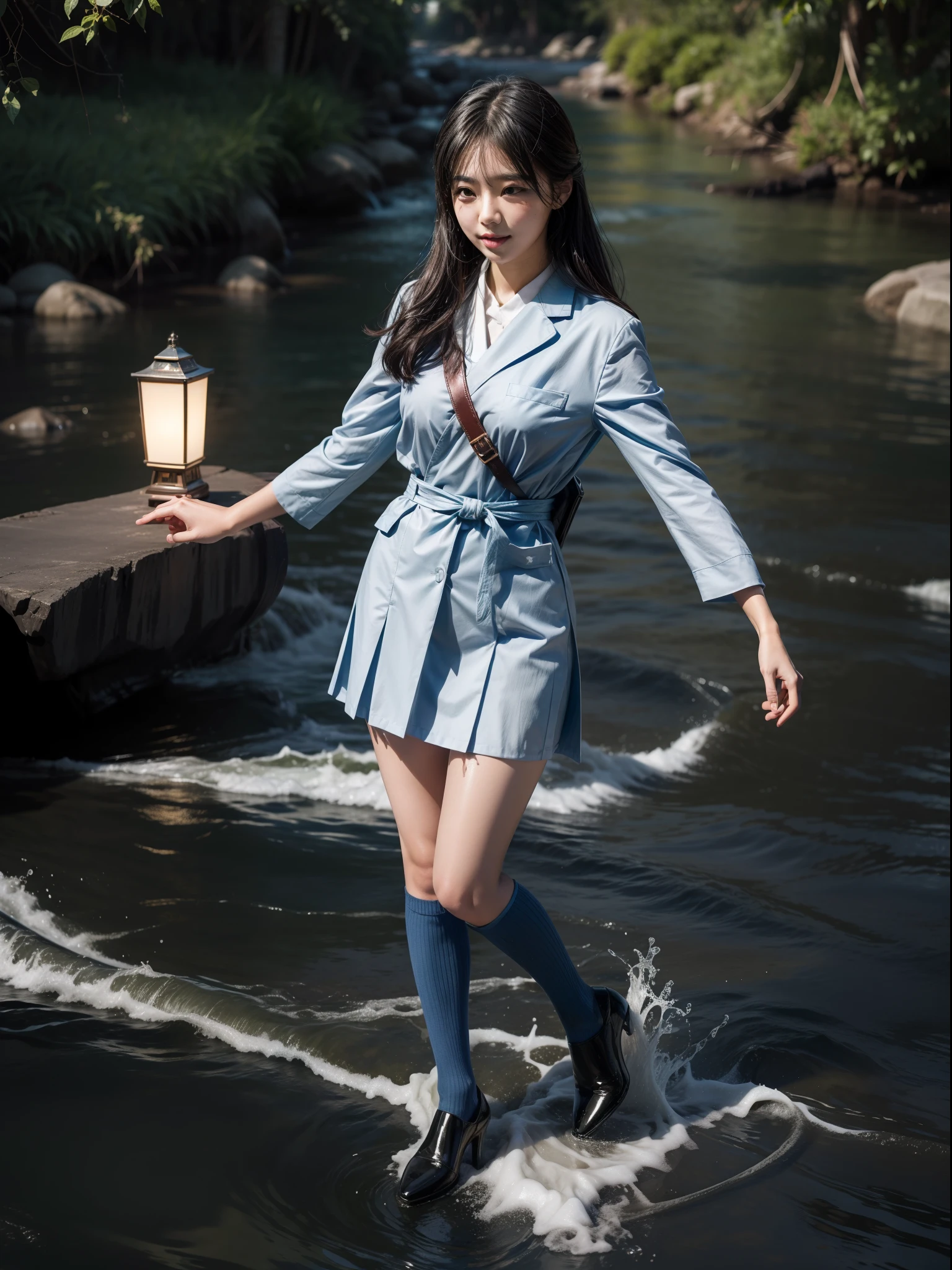 Splitting characters is prohibited,(Full body shot:1.3), Must show your face, anatomy correct, Seaside during the day,There is standing water,high-heels,Dressing stockings are mandatory, Blue, red, blue, Japanese JK student uniform, A shallow laugh, Complex and diverse backgrounds,Strangling effect,hyper HD, Ray traching, structurally correct, Award-Awarded, high detal, lightand shade contrast, Face lighting,cinmatic lighting, tmasterpiece, super detailing, high high quality, high detal, best qualityer, 16k