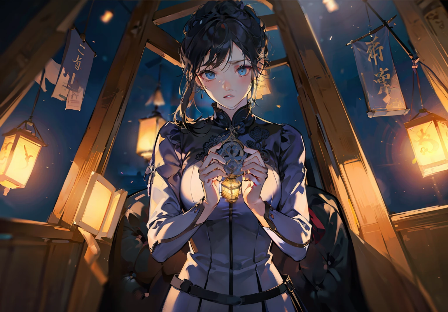 top-quality、masterpiece、1womanl、Back lighting、Facing down、hand on the breasts、Emitting light from the hands、natta、dark backgrounds、window、You can see the lanterns from the window