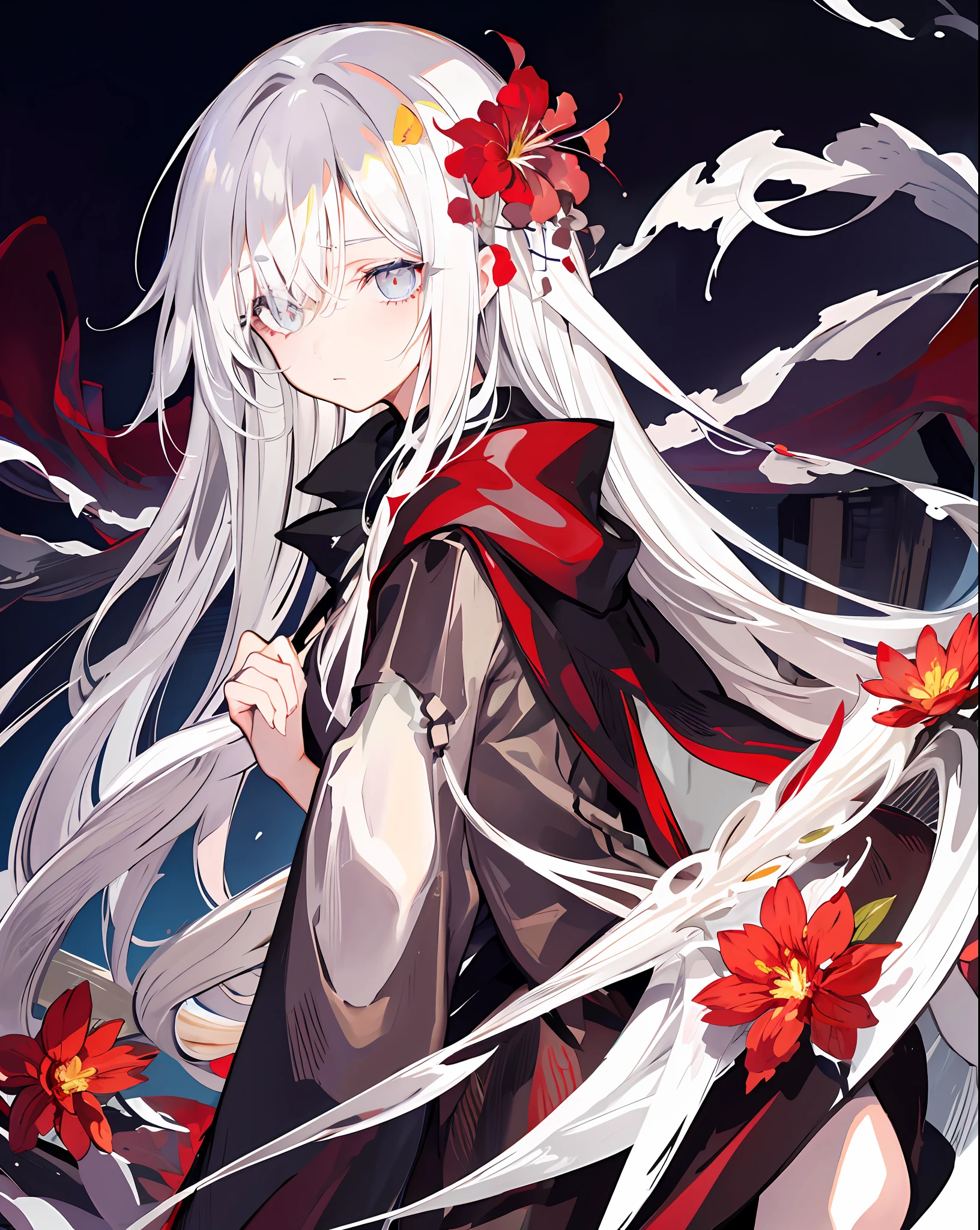 1girl,solo,1girl,solo,((beautiful detailed eyes)), (detailed light),depth of field,(white hair),silver eyes,hair over one eye,(red flower ), hair flower,long hair,black cloak,wet,emotionless,looking back,night,starfall,raining,fog,red flowers falling,sketch,upper body,intense shadows,,