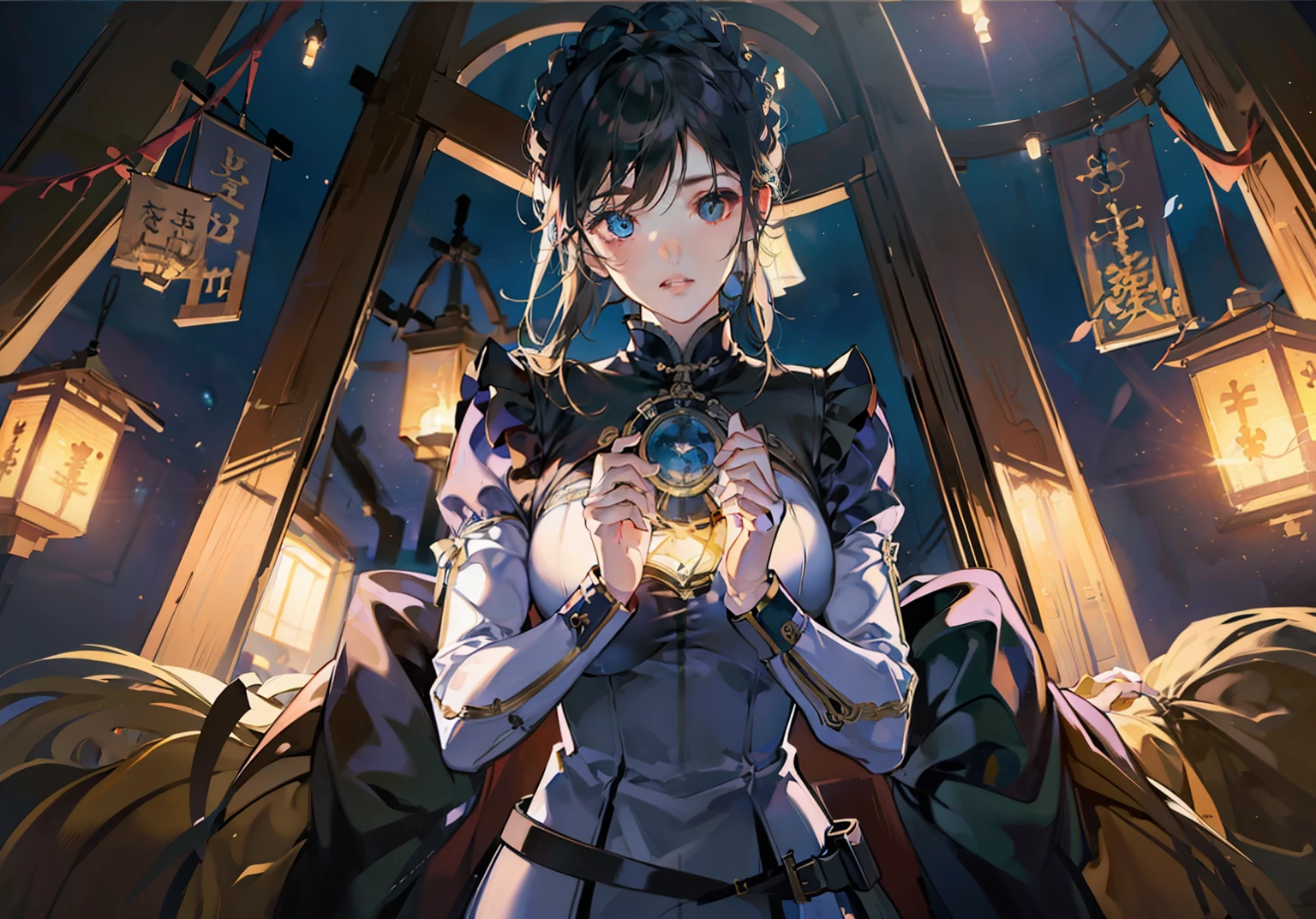 top-quality、​masterpiece、1womanl、Back lighting、Facing down、hand on the breasts、Emitting light from the hands、natta、dark backgrounds、window、You can see the lanterns from the window