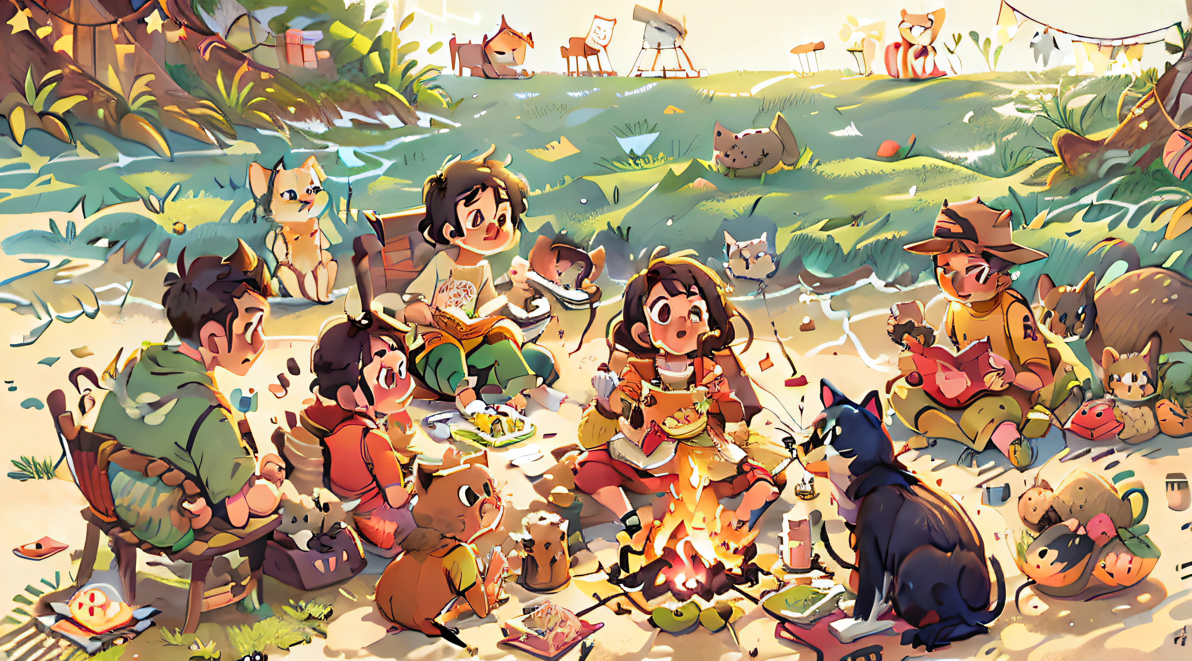 On the holiday beach, a group of people and cats sit around a campfire eating grilled fish