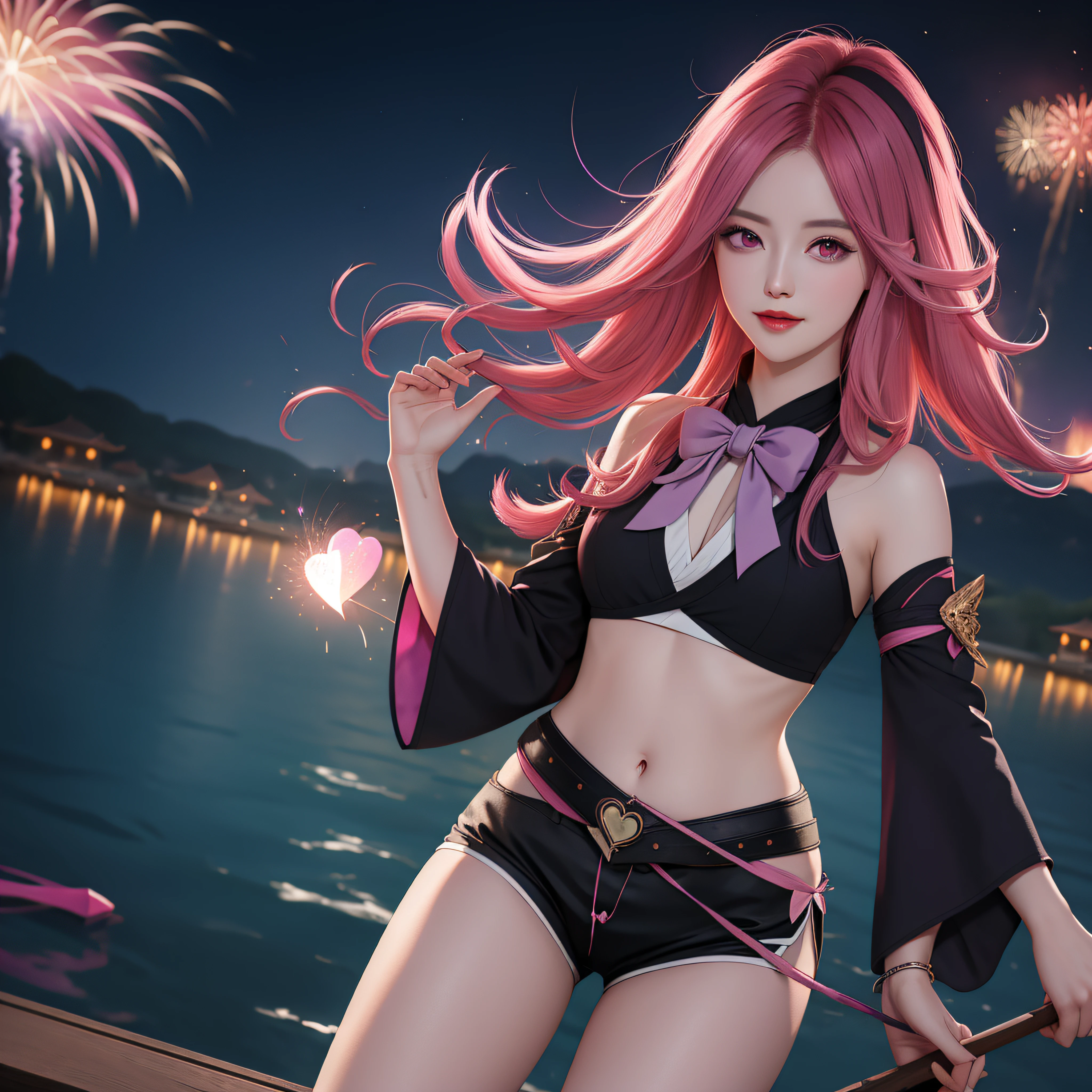 Keera, 1girl, pink hair, hair spread out, hair between eyes, very long hair, bowtie, parted lips, pointy ear, purple eyes, sleeves past wrists, black sleeves, black shorts, belt, detached sleeves, ahoge, heart necklace, navel, smile, looking at viewer, lily \(flower\),(fireworks),(aerial fireworks),firework background,(night),shrine,lake, light reflection \(water\), standing, from below,fiction art, RAW photo, hanfu picture, best photo, best photo quality, 8k quality, 8k ultra, super realistic, real photo most economical, the goddess poses sexy and seductive,