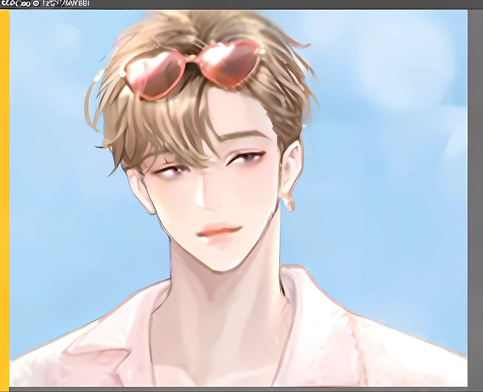 Wear sunglasses、Cartoon boy in pink shirt,Cai Xukun,Inspired by Bian Shoumin,Delicate prince look,sakimichan,Inspired by Wu Zhun Shifan,Guvez style summer anime handsome,Cheng Yanjun inspired,Guvez artwork style,No glasses,zmonzheng。