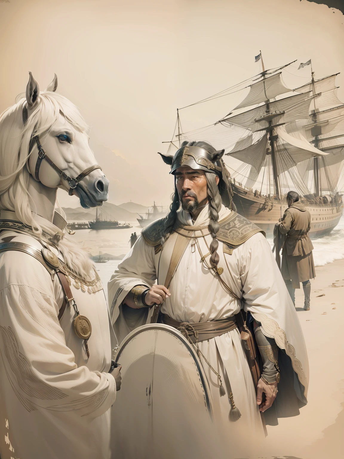 Horse-headed person、Ship on the right、Man talking to a horse man