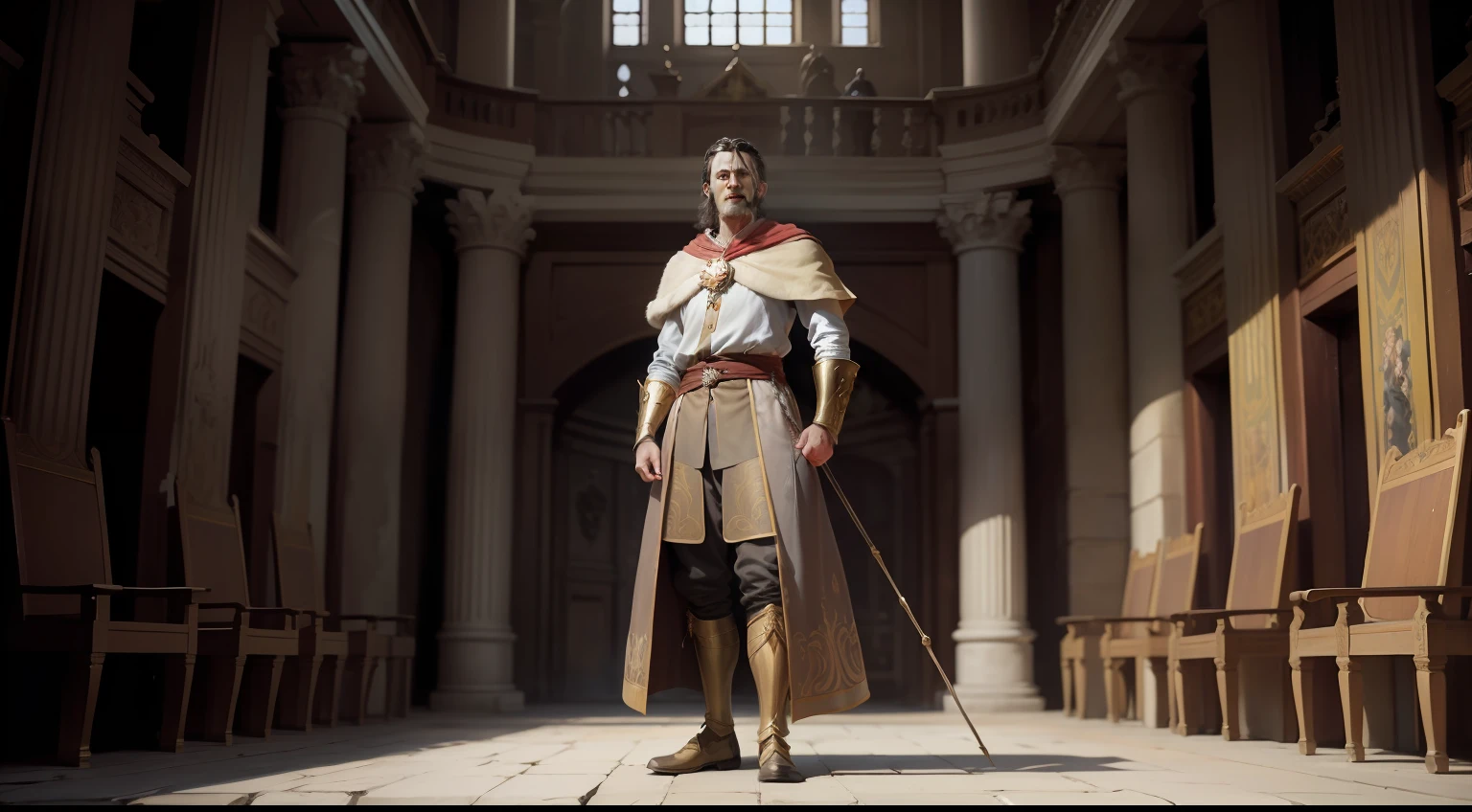 In a regal chamber, Robin stands tall and unwavering before King John, a formidable presence despite the odds stacked against him.