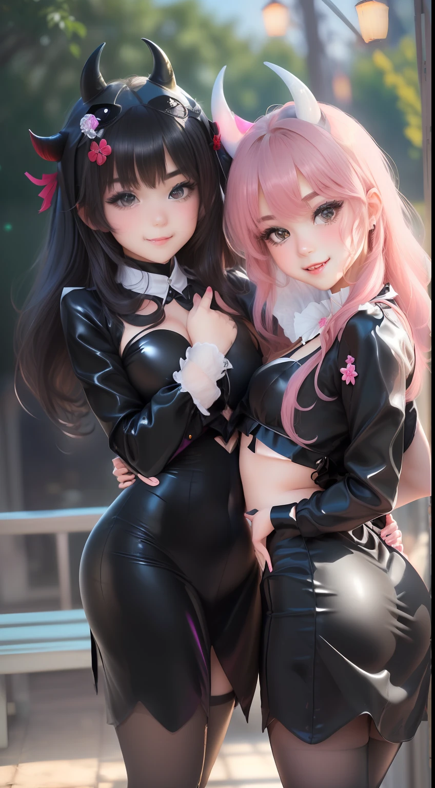 ((top-quality, 8K, ​masterpiece:1.4)), (Photorealsitic, Raw photography, Top image quality:1.5), beautiful  lighting, Movies in which girls shine, realistic shadow, huge filesize, Vibrant colors, Brilliant image quality, colourfull, Fantasia [hight resolution], (17-year-old beautiful girl:1.6), (Lori:1.2), (Junior Idol), Well-formed fingers, ((Cute pose with arms crossed behind your back:1.5)), ((Glittering Perfect Beautiful Girl:1.3)), a handsome, a cool, (innocent smiles:1.2), ((Super Cute Super Beautiful Girl)), (Crisp and gentle eyes), dual, (with blush cheeks:1.4), ((morning、Two beautiful girls in sexy black little devil costumes are hugging each other:1.6)), Cute hair, (Show me your big ass:1.2), Perfect and beautiful body, Lovely room, Innocent Girl, Japan beautiful girl, Shines