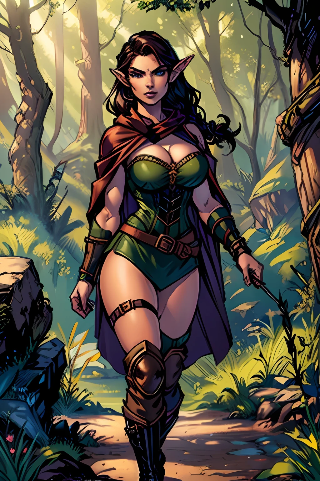 (masterpiece, top quality, best quality, official art, beautiful and aesthetic:1.2), (1girl:1.3), dark brown hair in a single braid, extremely detailed, portrait, looking at viewer, solo, (full body:0.6), detailed background, close up, cat eyes, (warm summer forest theme:1.1), busty (elf) ranger, elegant face, long face, charlatan, smirk, mysterious, walking in forest, revealing ranger attire, brown leather, cowl, cloak, corset, long boots, buckles, straps, pouches, bow and arrow, green fabric, brown leather, ((gigantic breasts, skindentation, cleavage)), slim waist, slim hips, long legs, medieval (forest exterior:1.1) background, dark mysterious lighting, shadows, magical atmosphere, dutch angle