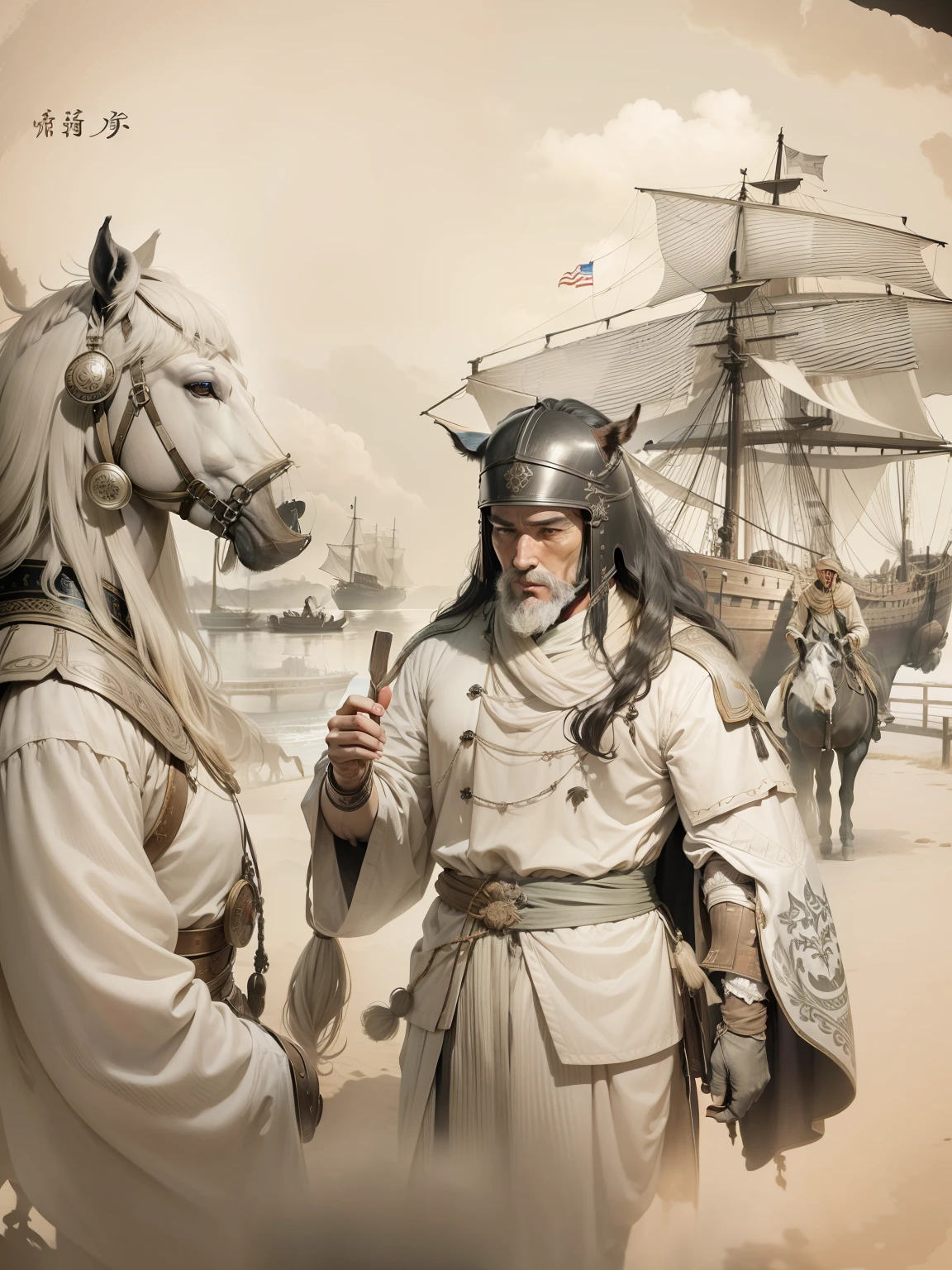 Horse-headed person、Ship on the right、Man talking to a horse man