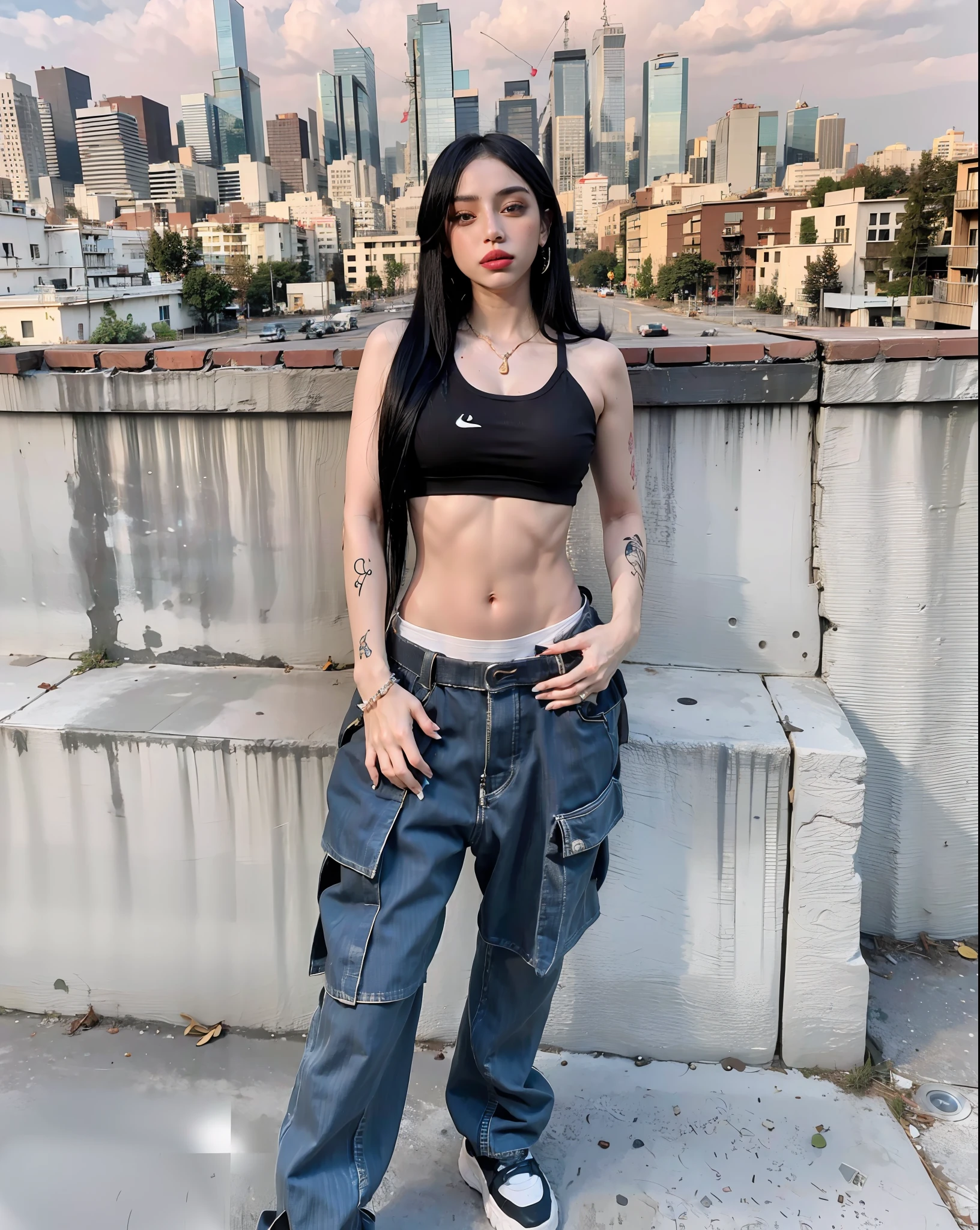 Arafed Woman with tattoos on her stomach standing on a ledge, her belly button is exposed, taken in the early 2020s, Cardi B, physical : tinyest midriff ever, photograph of a techwear woman, Ella lleva ropa de calle, Imagen de cuerpo entero, foto de perfil, se sienta en una azotea