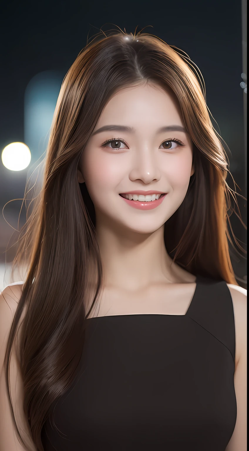 ((Best quality, 8k, Masterpiece :1.3)), 1girl, smiling, full body, slim face, Pretty woman, (Dark brown hair), full length dress :1.1, Ultra-detailed face, Detailed eyes, Double eyelid, blur background, slim face, city, outside, street,
