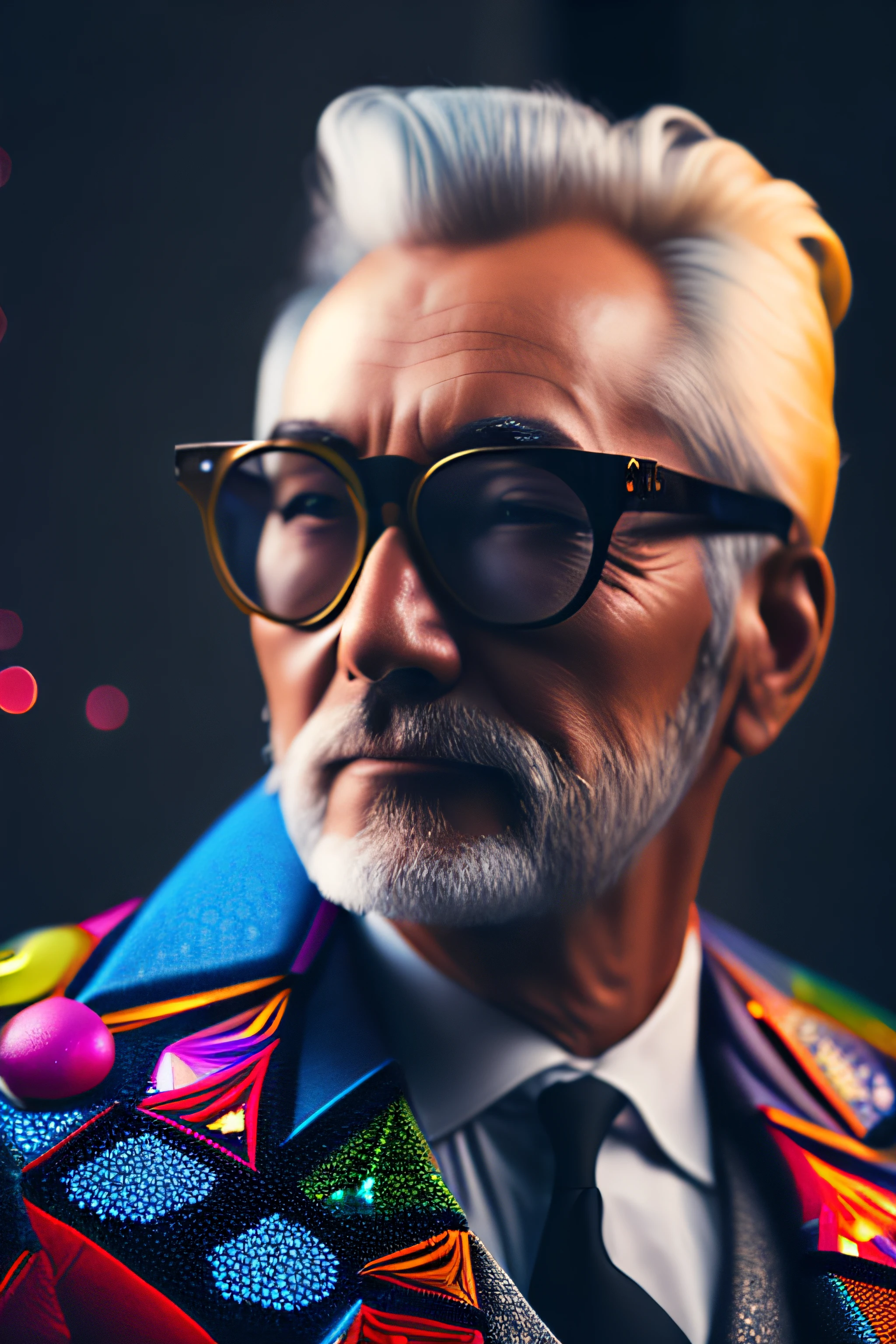 (Man in colorful coat and tie standing, Fashionista middle-aged 1950s man with intricate colorful modern bright polarized glasses), flufly cabelo clorful, smily expression, (Fotografia digital extremamente detalhada: 1.2), Standing in the middle of the city, (((corpo inteiro))), imagem crua, analogical, Hasselblad, 50asa, f8, 12mm, efeitos de brilho, godrays, handdrawn, render, 8k, octano render, cinema 4d, liquidificador, escuro, atmospheric 4k ultra detailed, cinematic sensual, foco nítido, humorous illustration, grande profundidade de campo, obra-prima, cores, 3d octane render, 4k, arte conceitual, trending in the artstation, hiperrealista, cores vivas, luz de aro, extremamente detalhado CG unidade de papel de parede 8k, trending in artstation, trend in CGSociety, estilo Pop Art por Yayoi Kusama, Intrincado, Alto Detalhe, dramatic
, energia pura, light particules, sci-fi