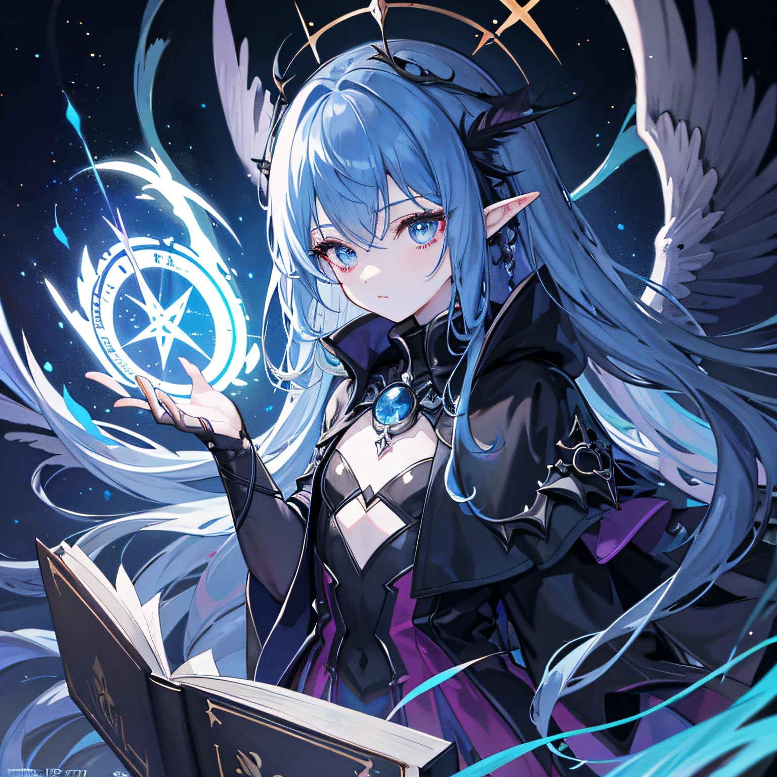death, blood, night, darkness, (fantasy), infinity, deep blue sky, abyss of knowledge, knowledge, ((masterpiece)),(((extreme))),((beautiful detailed eyes)),(eyelashes) , monster, (1 female), blue hair, long hair, abyssal eyes, shiny skin, oil, small chest, (bird body, feathers), rags, Tzeentch, elf, extremely fine CG unity 8k wallpaper, masterpiece ,((ultra-detailed)),((illustration)), colorful, wallpaper, energy, unknown horror, arcane, magic surrounding, magic surrounding, magic wand, book pages, flying all over the sky, knowing what it is, predicting the future, understanding the past , Infinite Wisdom, Blue Flame, Warlock, Magic Circle, Pentagram, Mantra, Mantra, Singing Magic,