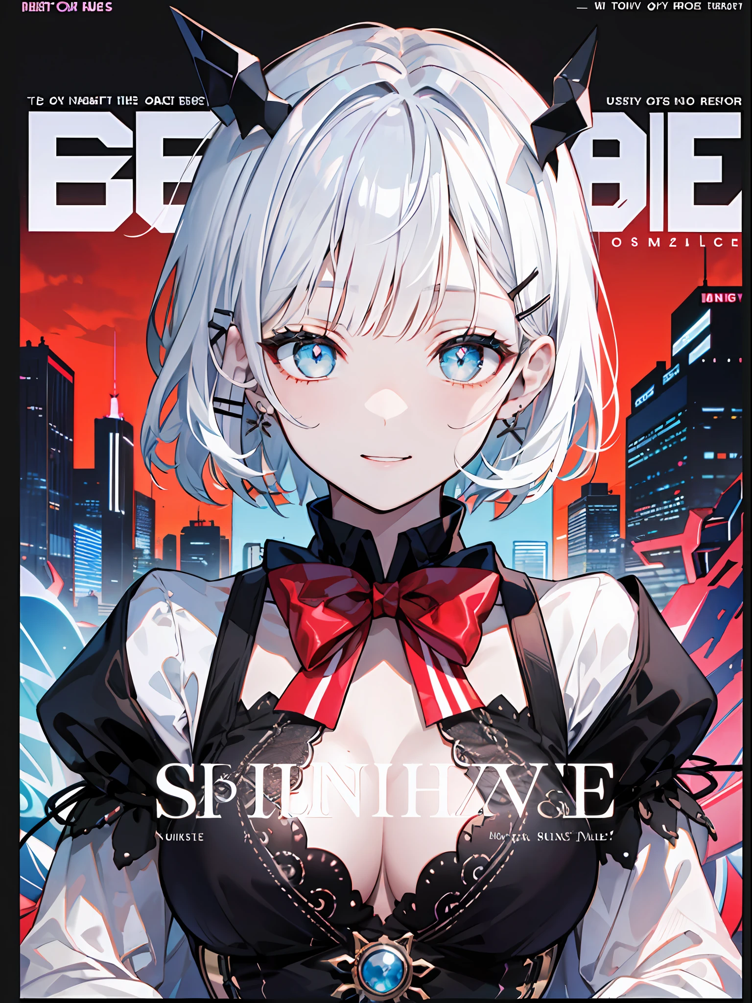 detectivesiesta, Smile, Short hair, Bangs, Blue eyes, Shirt, Hair Ornament, Long sleeves, Dress, Bow, White hair, hair clips, Blunt bangs, bowtie, Red bow, X Hair Ornament, red bowtie, siesta, (medium breasts⁩:1.2), BREAK looking at viewer, BREAK outside, BREAK (masutepiece:1.2), Best Quality, High resolution, Unity 8k壁纸, (Illustration:0.8), (Beautiful detailed eyes:1.6), extra detailed face, Perfect Lighting, extremely details CG, (Perfect hands, Perfect Anatomy),((((Dramatic)))、(((gritty)))、(((vehement)))Movie poster featuring a young woman as the main character。She stands confidently in the center of the poster.、Wear stylish and edgy outfits、I have a determined look on my face。The background is dark and rough、Makes you feel danger and strength。Text is bold and attention-grabbing、Has a catchy tagline that adds to the overall sense of drama and excitement。The color palette is predominantly bright、There are splashes of bright colors、It gives the poster a dynamic and visually striking look。 (magazine:1.3), (cover-style:1.3), Fashionable, femele, with a vibrant, outfits, the pose, the front, Colorful, Dynamic, Background with, element, I'm confident, expresive, ngel, statement, accessorized, An majestic, coiled, surroundings, Touch, The scene, Texto, covers, It's bold, captures the attention, Titles, Stylish, Font, Catchy, headline, The large, Impressive, moderno, Trendy, Focus, lo fashion,shorth hair、Bob Hair、White hair、bright light blue eyes
