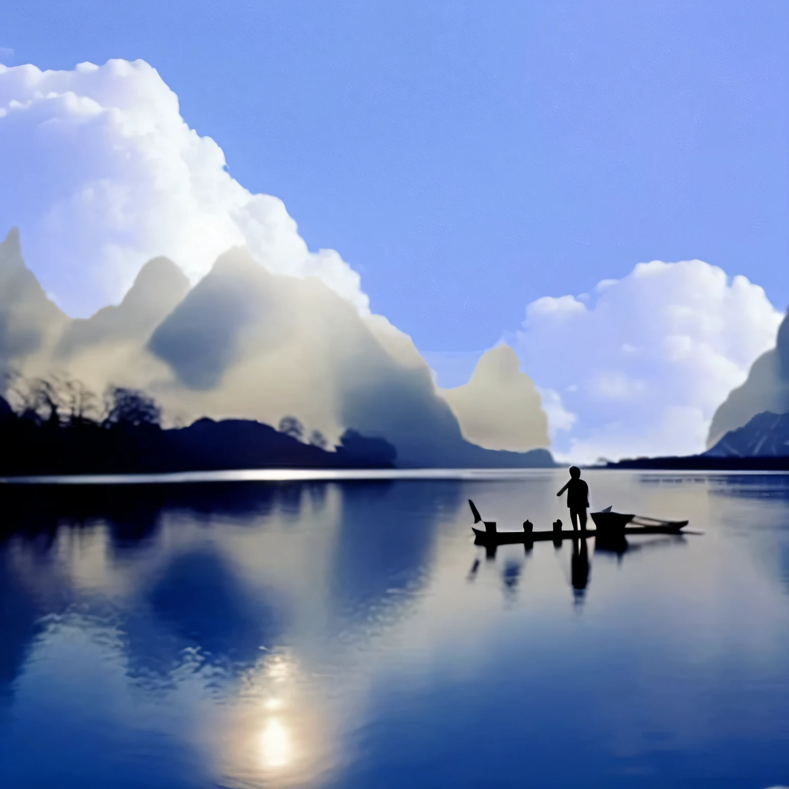 there is a man that is standing on a boat in the water, beautiful image ever created, Beautiful oil matte painting, in a serene landscape, peaceful and serene, peaceful scene, serene scene, author:Cui Bai, serene scene, peaceful scenery, Tranquility, peaceful landscape, Incredibly beautiful, Beautiful lake, extremely beautiful and ethereal, beautiful tranquil day, Very beautiful scenery with a touch of realism
