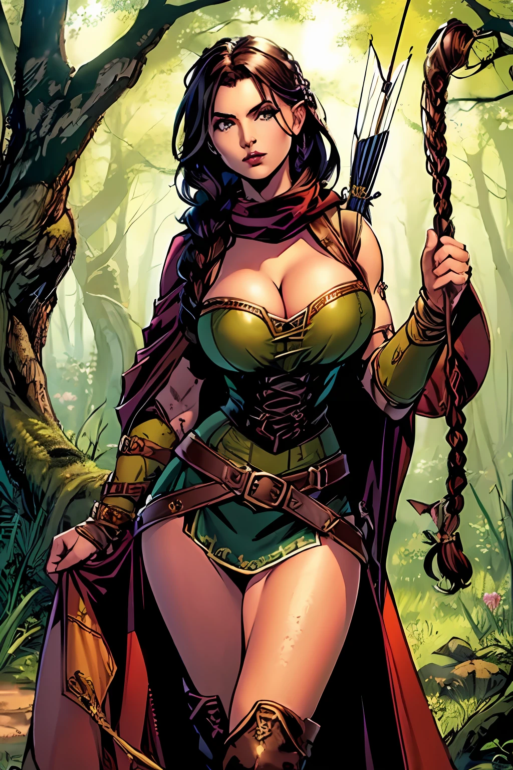 (masterpiece, top quality, best quality, official art, beautiful and aesthetic:1.2), (1girl:1.3), dark brown hair in a single braid, ((huge braid)), extremely detailed, portrait, looking at viewer, solo, (full body:0.6), detailed background, close up, cat eyes, (warm summer forest theme:1.1), elf ranger, charlatan, smirk, mysterious, walking in forest, revealing ranger attire, brown leather, cowl, cloak, corset, long boots, buckles, straps, pouches, bow and arrow, green fabric, brown leather, ((gigantic breasts, cleavage, skindentation)), slim waist, slim hips, long legs, medieval (forest exterior:1.1) background, dark mysterious lighting, shadows, magical atmosphere, dutch angle