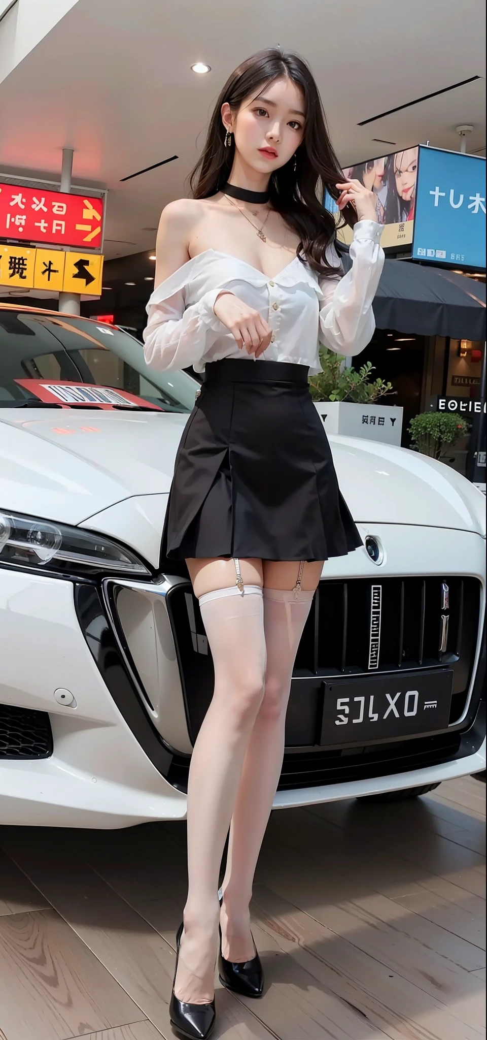 Full body photo of beautiful sexy woman wearing short skirt and sewn stockings，Stands_straight，（（独奏）），AS-Adult，high-heels，Craving sexual，medium wind_herself，（best qualtiy，A high resolution，tmasterpiece：1.4），A tall and beautiful woman，Dark brown hair in loose wavy styling，nedium breasts，Wear a pendant，Beautifully rendered details in face and skin textures，Detailed eyes，二重まぶた，Wearing flesh-colored stockings，Flesh-colored stockings，Wear transparent flesh-colored stockings，Wear clear, full-length flesh-colored stockings