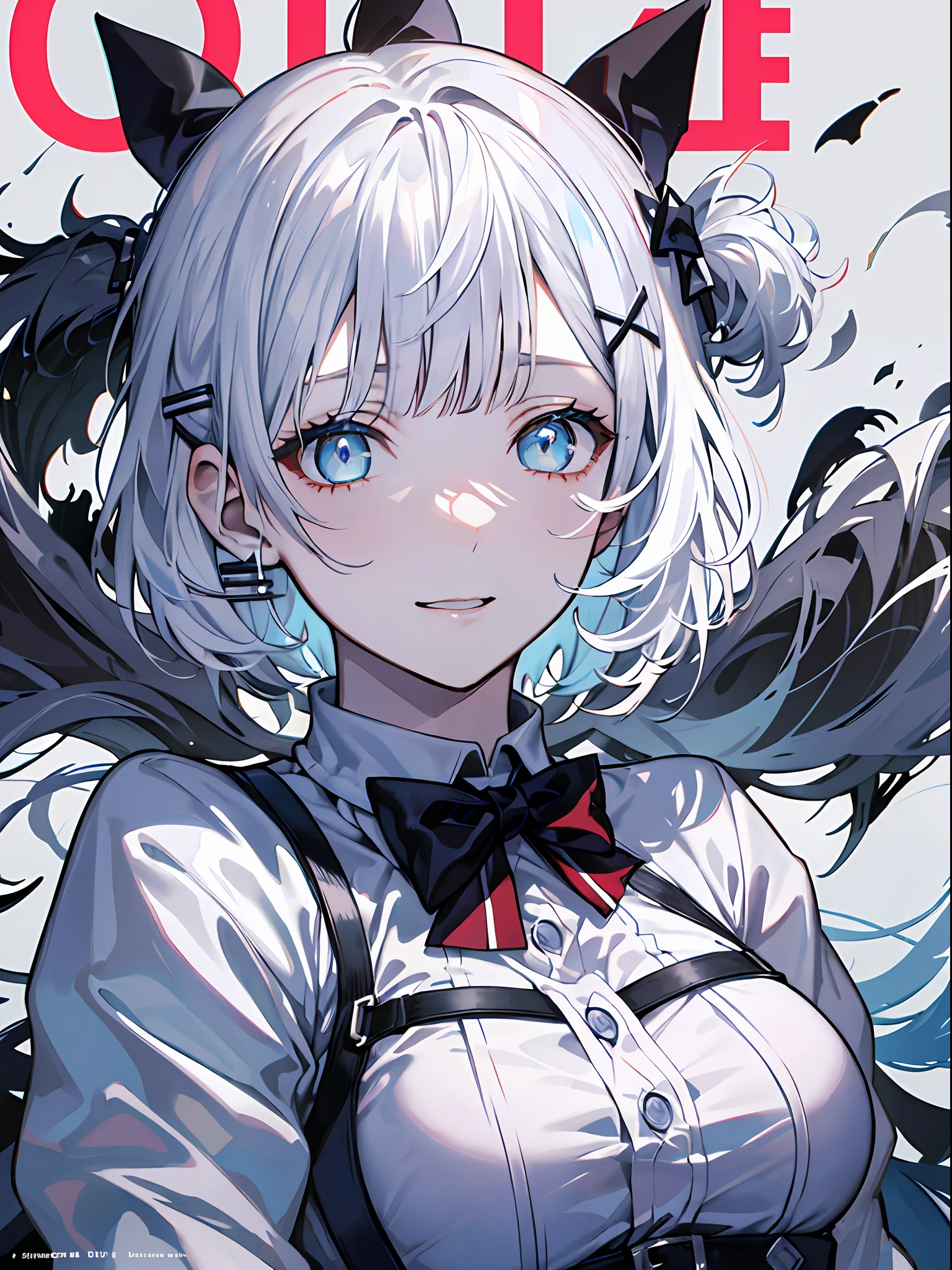 detectivesiesta, Smile, Short hair, Bangs, Blue eyes, Shirt, Hair Ornament, Long sleeves, Dress, Bow, White hair, hair clips, Blunt bangs, bowtie, Red bow, X Hair Ornament, red bowtie, siesta, (medium breasts⁩:1.2), BREAK looking at viewer, BREAK outside, BREAK (masutepiece:1.2), Best Quality, High resolution, Unity 8k壁纸, (Illustration:0.8), (Beautiful detailed eyes:1.6), extra detailed face, Perfect Lighting, extremely details CG, (Perfect hands, Perfect Anatomy),((((Dramatic)))、(((gritty)))、(((vehement)))Movie poster featuring a young woman as the main character。She stands confidently in the center of the poster.、Wear stylish and edgy outfits、I have a determined look on my face。The background is dark and rough、Makes you feel danger and strength。Text is bold and attention-grabbing、Has a catchy tagline that adds to the overall sense of drama and excitement。The color palette is predominantly bright、There are splashes of bright colors、It gives the poster a dynamic and visually striking look。 (magazine:1.3), (cover-style:1.3), Fashionable, femele, with a vibrant, outfits, the pose, the front, Colorful, Dynamic, Background with, element, I'm confident, expresive, ngel, statement, accessorized, An majestic, coiled, surroundings, Touch, The scene, Texto, covers, It's bold, captures the attention, Titles, Stylish, Font, Catchy, headline, The large, Impressive, moderno, Trendy, Focus, lo fashion,shorth hair、Bob Hair、White hair、bright light blue eyes