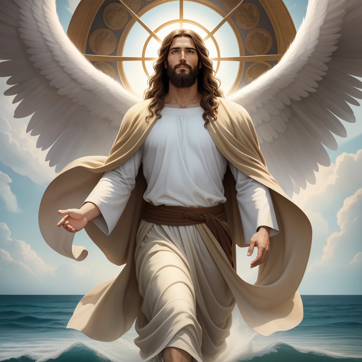 A handsome god Jesus christ ( jesus) blessing to the sky 35 years old with a long brown hair and long beard, heaven blessings light with a cross background) happy face, realistic 8k,A beautiful ultra-thin realistic portrait of Jesus, the prophet, a man 35 years old Hebrew brunette, short brown hair, real perfect eyes, long brown beard, with, Helping People , wearing long linen tunic closed on the chest part, in front view, full body, biblical, realistic,by Diego Velázquez,Peter Paul Rubens,Rembrandt,Alex Ross,8k, Concept Art, PhotoRealistic, Realistic, Illustration, Oil Painting, Surrealism, HyperRealistic, helping people , Digital art, style, watercolorReal Jesus flying on sky with a flying cloud in the background, Jesus walking on water, biblical illustration, epic biblical representation, forcing him to flee, coming out of the ocean, ! holding in hand!, disembarking, god of the ocean, beautiful representation, 8k 3D Model, realistic,
a 3D Realistic of jesus with a halo in the sky, jesus christ, smiling in heaven, portrait of jesus christ, jesus face, 35 young almighty god, portrait of a heavenly god, greg olsen, gigachad jesus, jesus of nazareth, jesus, the face of god, god looking at me, he is greeting you warmly, he is happy, avatar image