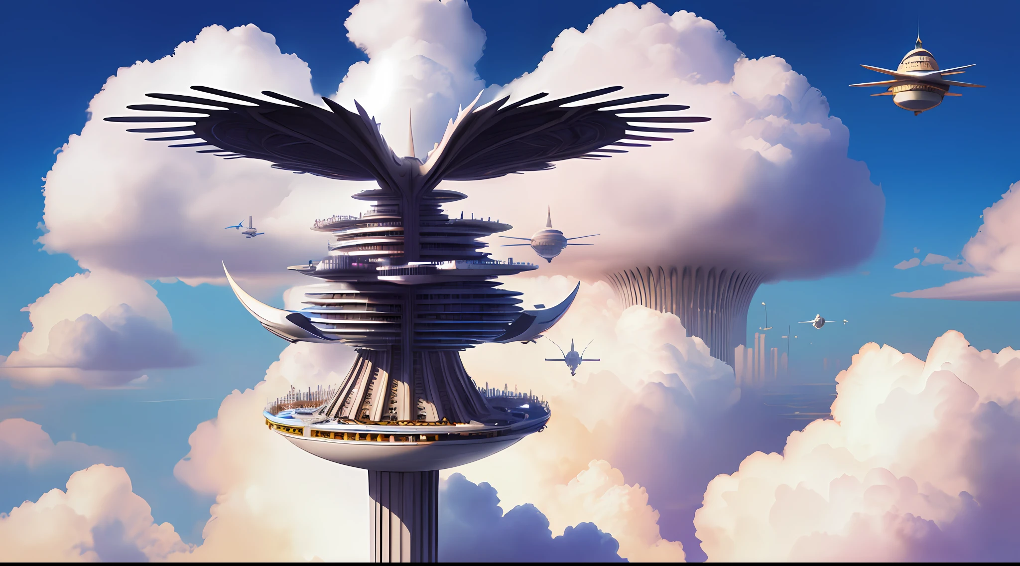 bird's eyes view，(sky cities），Lots of clouds，Sea of clouds，Giant towers and ring-shaped stacked buildings at the top of the city，There are many arches and bridges，and the sci-fi crystal cathedral with flying buttresses，waterfallr，Many ships，Matte painting by James Gurney，Trends on CGSociety，Supersaturation，Super sharp，Ultra-realistic