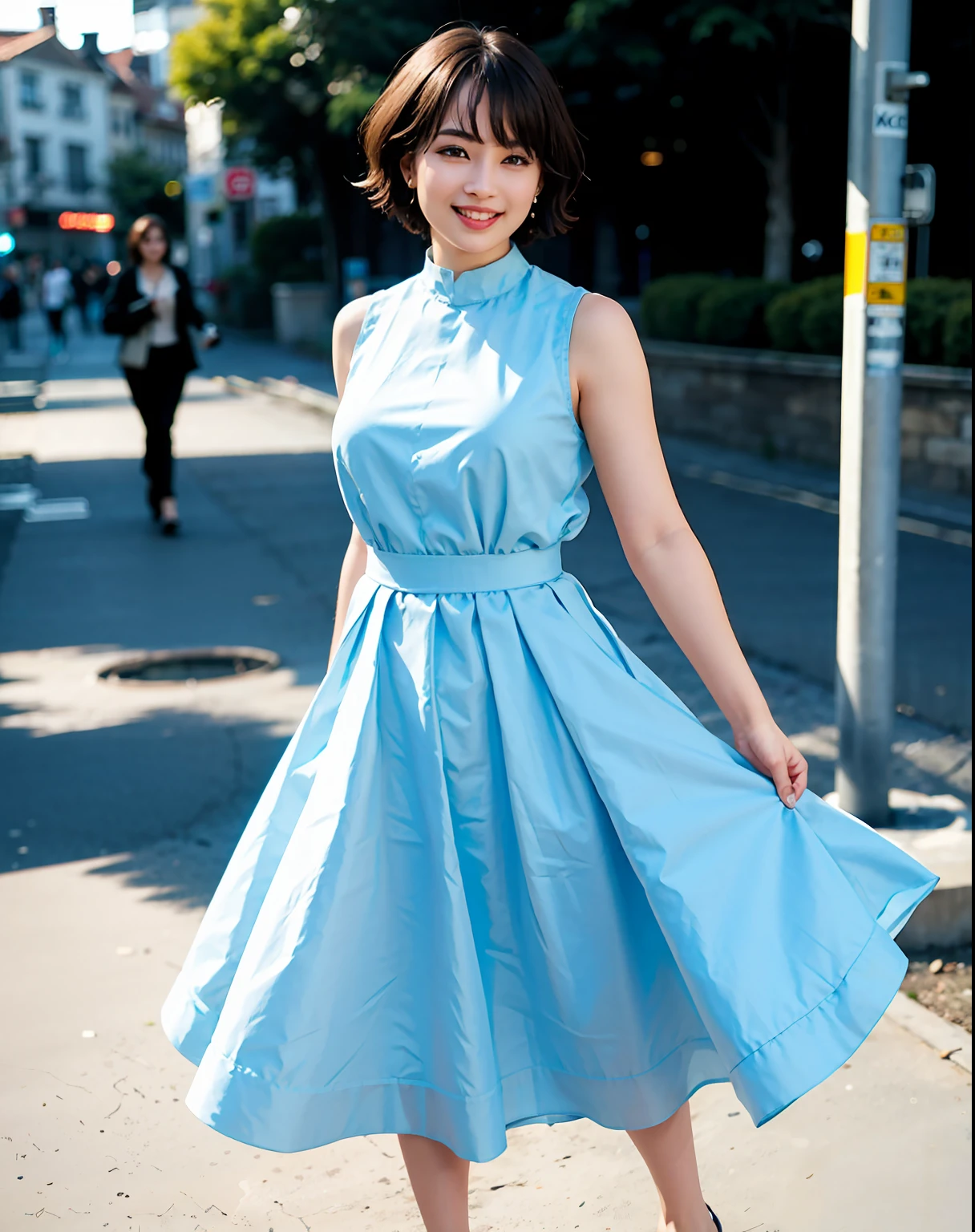 a woman posing on the street corner with light blue dress on, best quality, 1girl, large breasts, day, bright, blur background, bokeh, outdoor, (street:0.8), (people, crowds:1), (lace-trimmed dress:1.5, sleeveless dress, light blue clothes, light blue high-neck dress:1.2, blue dress: 1.5), gorgeous, (short hair, forehead:1.2), beautiful detailed sky, earrings, (dynamic pose:1.2), (upper body:0.8), soft lighting, wind, shiny skin, smile,