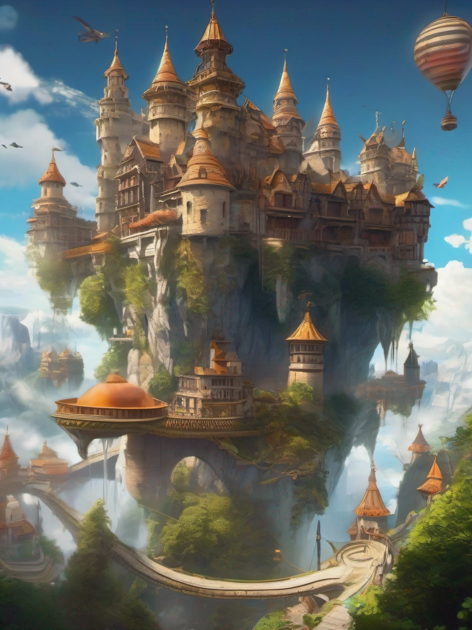 An ancient castle suspended in the air，Many modern flying cars fly around，城市，fanciful，extremy detailed，realistic raytraicing，Epic composition，（Complicated details），（Complex design，Hyper-detailing：1.2），art  stations， （tmasterpiece，best qualtiy），hyper HD，32K --v 6