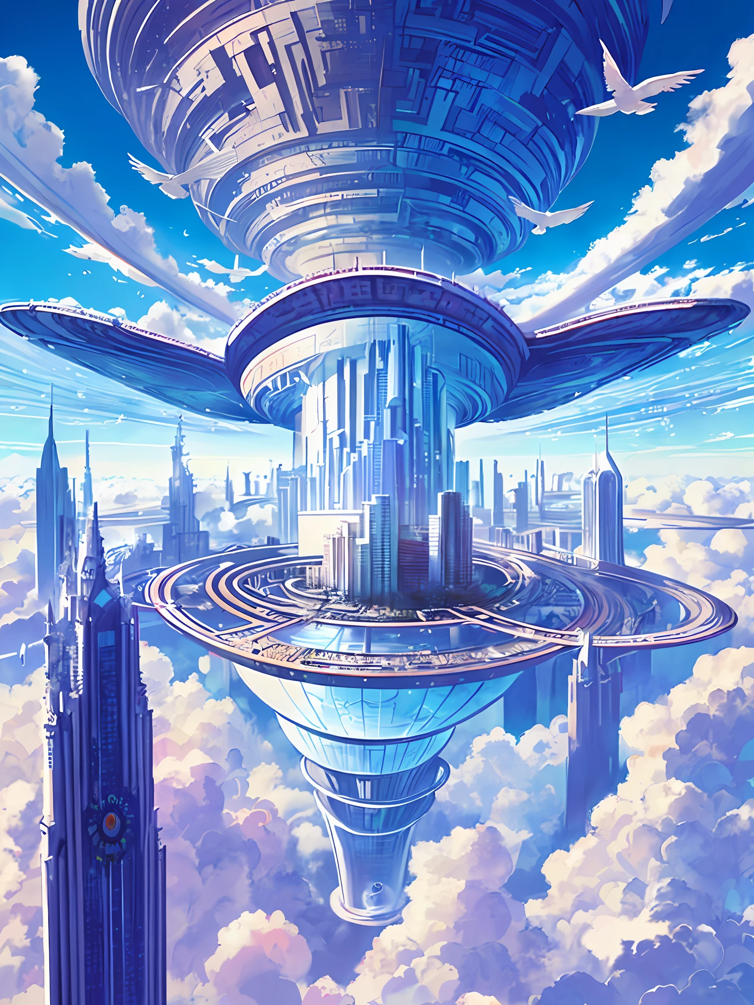 bird's eyes view，(sky cities），Lots of clouds，Sea of Clouds，Giant towers and ring-shaped stacked buildings at the top of the city，There are many arches and bridges，and the sci-fi crystal cathedral with flying buttresses，waterfallr，Many ships，Matte painting by James Gurney，Trends on CGSociety，Supersaturation，Super sharp，Ultra-realistic