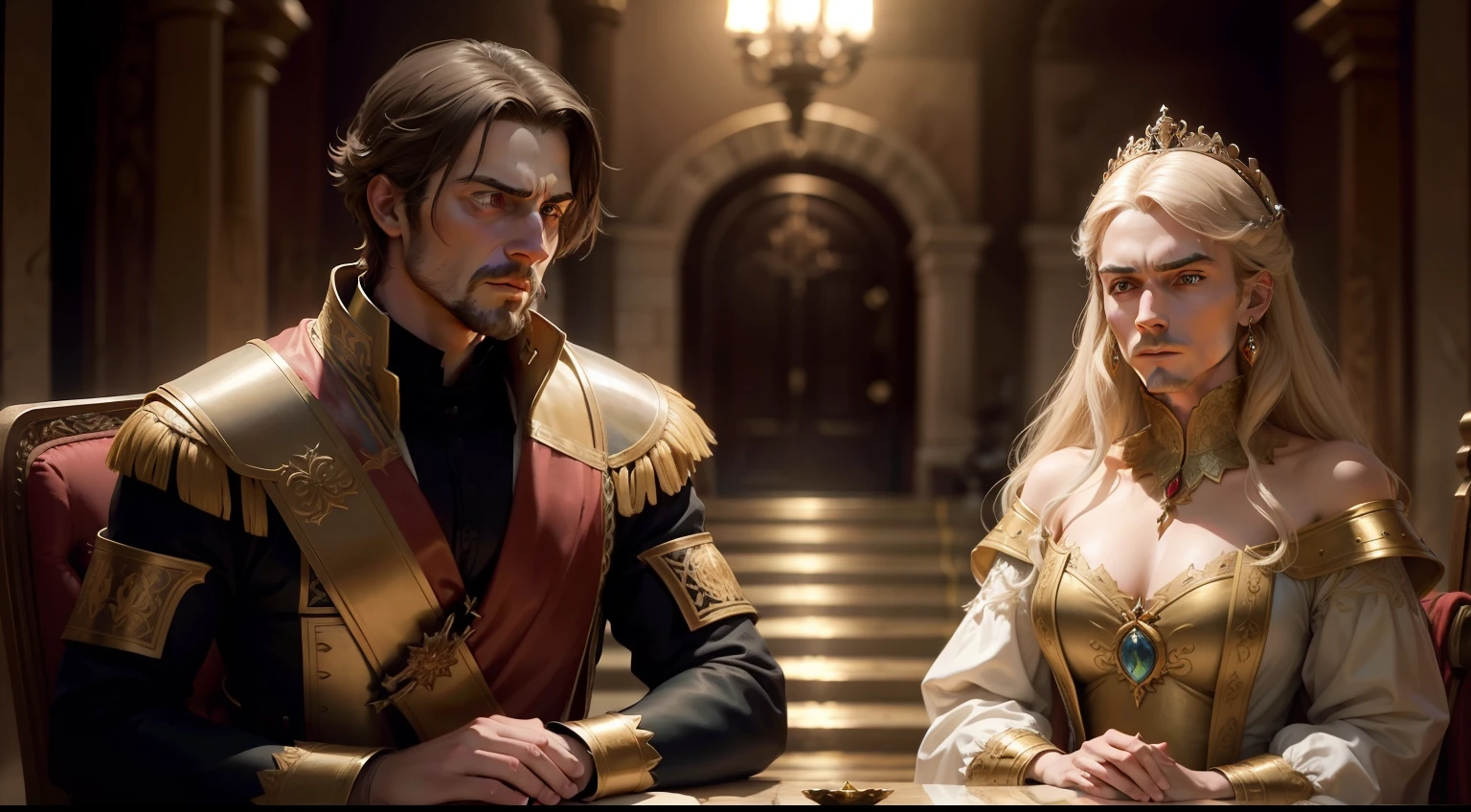 Within the opulent halls of the castle, King John sits on his ornate throne, his expression a captivating blend of skepticism and curiosity, as he faces the defiant outlaw Robin Hood. The air crackles with tension as the two adversaries engage in a heated debate, their eyes locked in a fierce battle of words and principles. Surrounding them, courtiers and nobles observe the encounter with bated breath, unsure of the outcome of this historic confrontation that could shape the destiny of the kingdom.