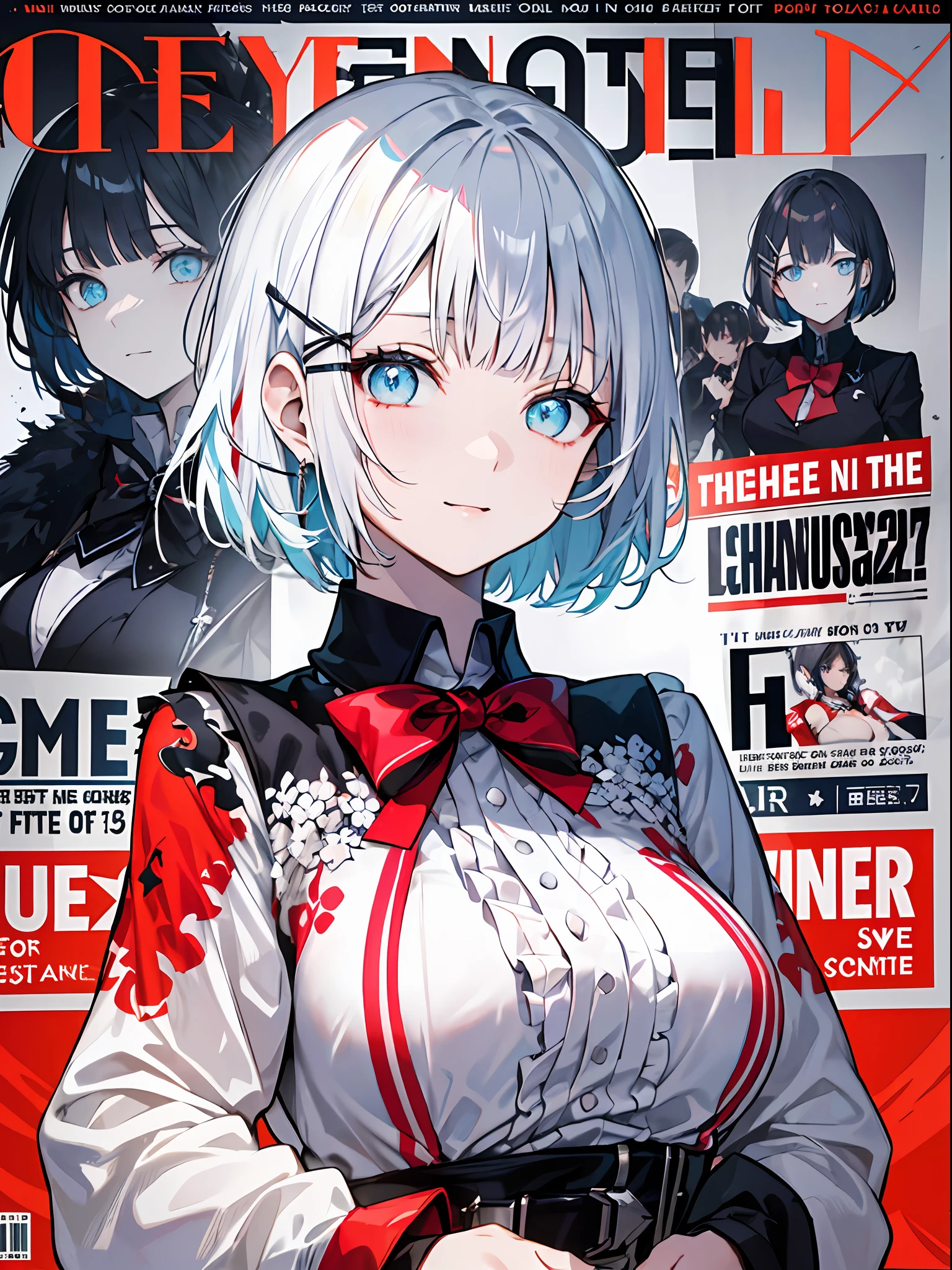 detectivesiesta, Smile, Short hair, Bangs, Blue eyes, Shirt, Hair Ornament, Long sleeves, Dress, Bow, White hair, hair clips, Blunt bangs, bowtie, Red bow, X Hair Ornament, red bowtie, siesta, (medium breasts:1.2), BREAK looking at viewer, BREAK outside, BREAK (masutepiece:1.2), Best Quality, High resolution, Unity 8k壁纸, (Illustration:0.8), (Beautiful detailed eyes:1.6), extra detailed face, Perfect Lighting, extremely details CG, (Perfect hands, Perfect Anatomy),((((Dramatic)))、(((gritty)))、(((vehement)))Movie poster featuring a young woman as the main character。She stands confidently in the center of the poster.、Wear stylish and edgy outfits、I have a determined look on my face。The background is dark and rough、Makes you feel danger and strength。Text is bold and attention-grabbing、Has a catchy tagline that adds to the overall sense of drama and excitement。The color palette is predominantly bright、There are splashes of bright colors、It gives the poster a dynamic and visually striking look。 (magazine:1.3), (cover-style:1.3), Fashionable, femele, with a vibrant, outfits, the pose, the front, Colorful, Dynamic, Background with, element, I'm confident, expresive, ngel, statement, accessorized, An majestic, coiled, surroundings, Touch, The scene, Texto, covers, It's bold, captures the attention, Titles, Stylish, Font, Catchy, headline, The large, Impressive, moderno, Trendy, Focus, lo fashion,shorth hair、Bob Hair、White hair、bright light blue eyes