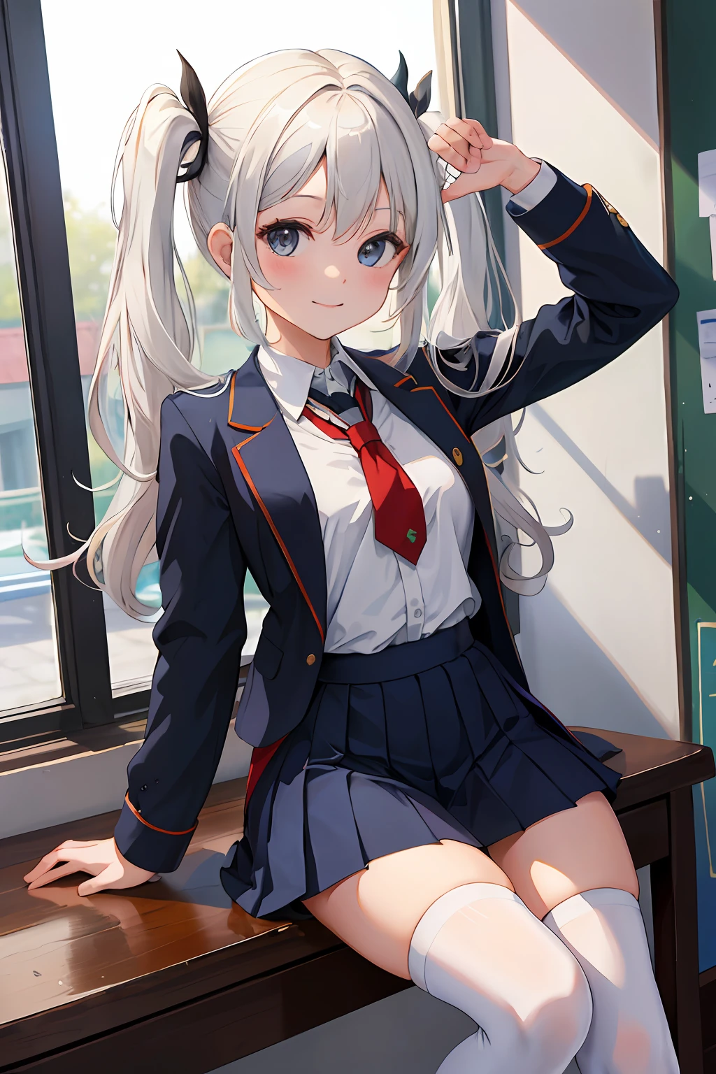 (masterpiece, ultra high res, best quality:1.1), flat color, 1girl, solo, (overknee socks), (school uniform), white hair, twintails, [smile],